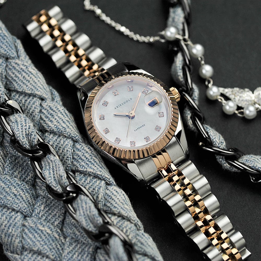 Aries Gold Two-Tone Stainless Steel Women's Watch with Bracelet Strap - Elegant Fashion Timepiece for Women | Perfect for Office, Party & Everyday Wear (Model L 1070 2TR MP)
