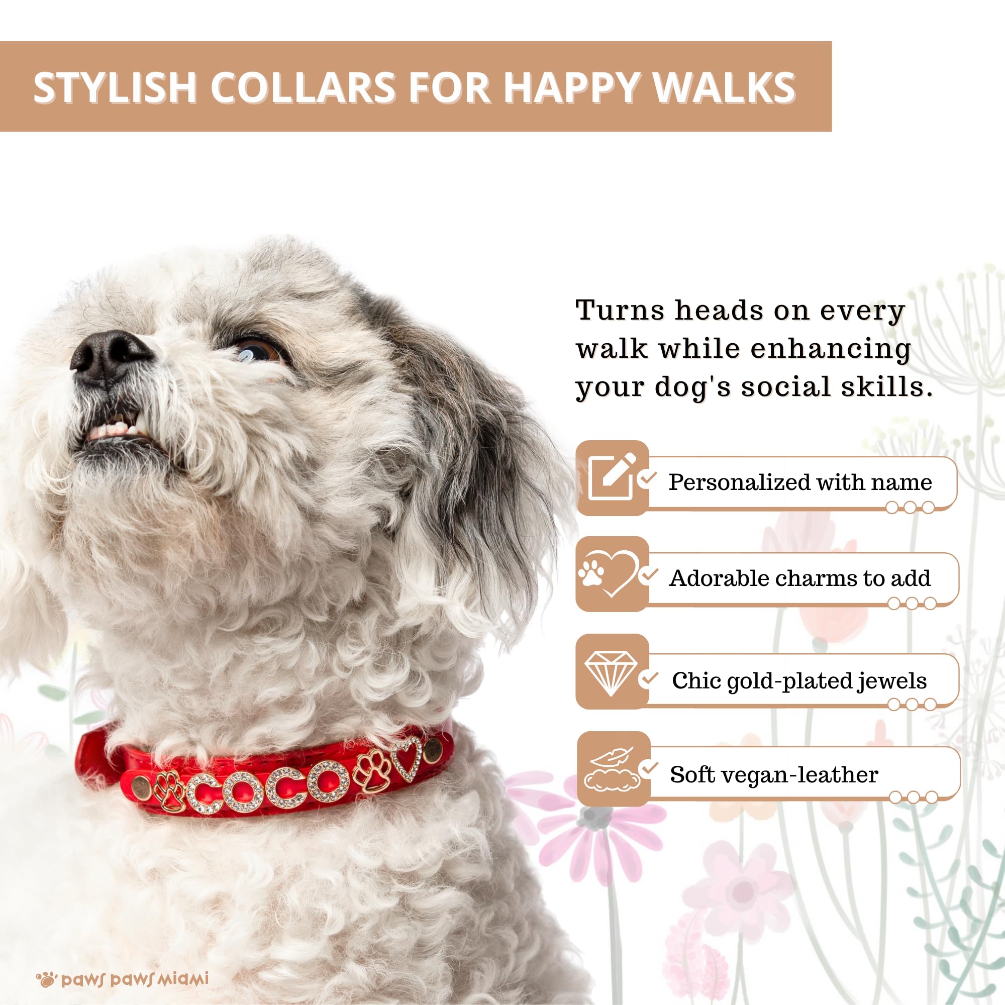 Custom Personalized Dog Collar for Small Dogs - Gold Plated Cubic Zirconia Initials & Charm Jewels - Red Luxury Pet Accessory - Perfect for Daily Walks, Special Occasions & Gift Giving