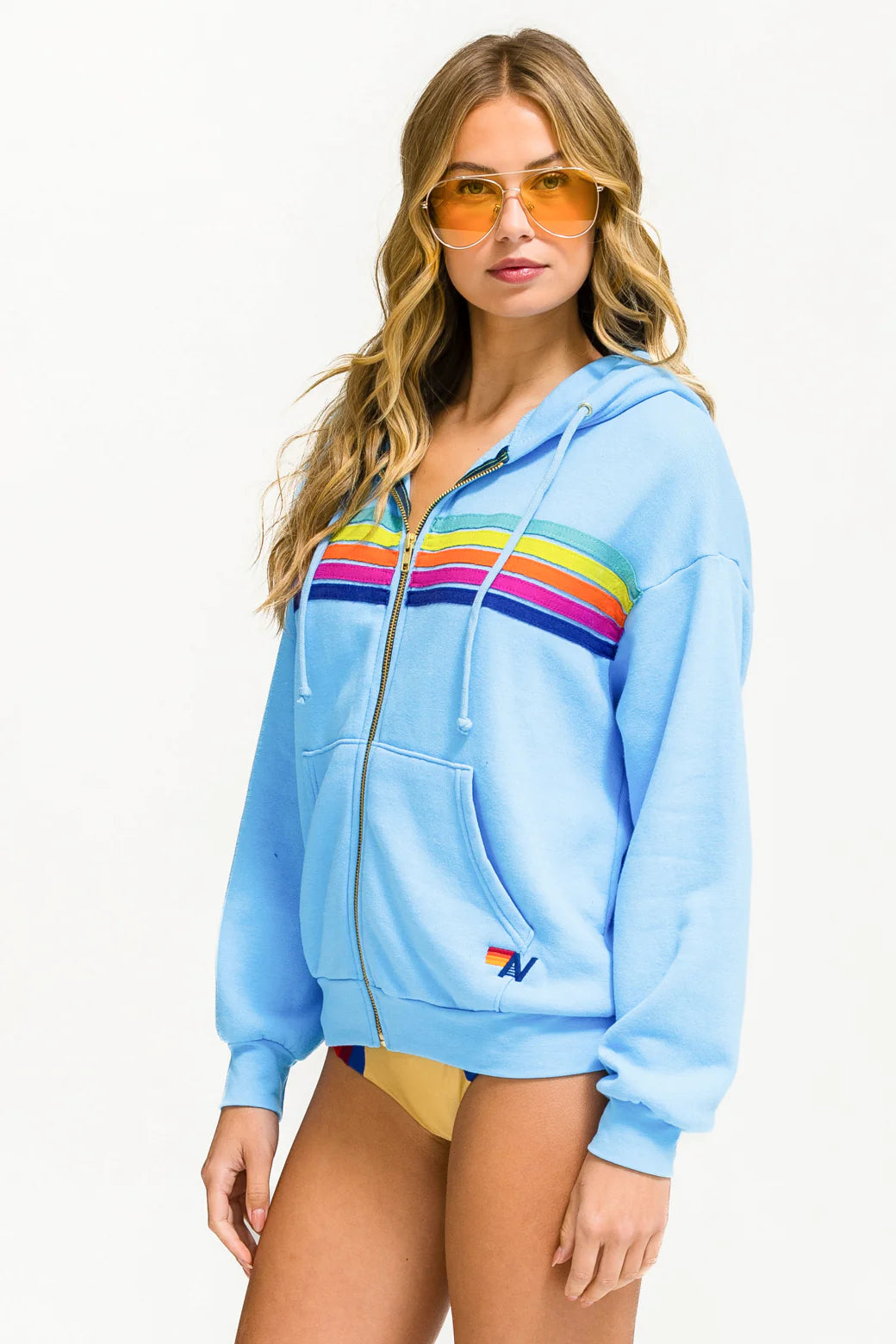 Aviator Nation 5 Stripe Relaxed Zip Hoodie for Men & Women - Sky Blue & Rainbow Stripes - Cozy Fleece Pullover for Casual Wear, Street Style & Outdoor Activities