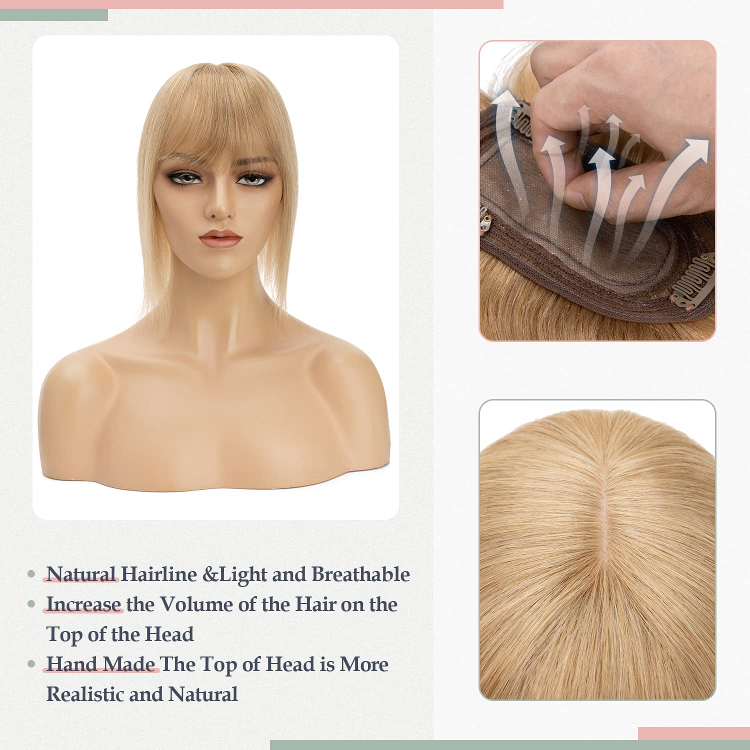 Premium 14 Inch Human Hair Topper for Women - 150% Density Silk Base Blonde Clip-in Hair Piece (27#) for Thinning Hair with Bangs | Natural Looking Hair Extensions for Daily Wear, Special Occasions & Confidence Boost