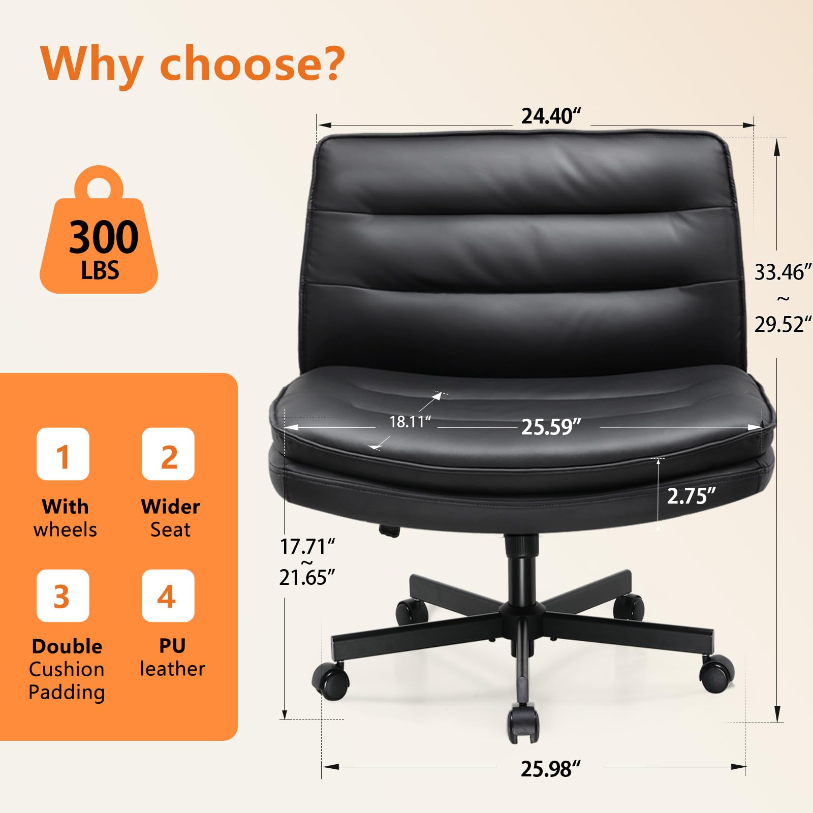 Criss Cross Legged Office Chair with Wheels - Armless Swivel Desk Chair, Wide Seat & Height Adjustable Mid Back - Perfect for Home Office, Computer Work & Vanity Desks