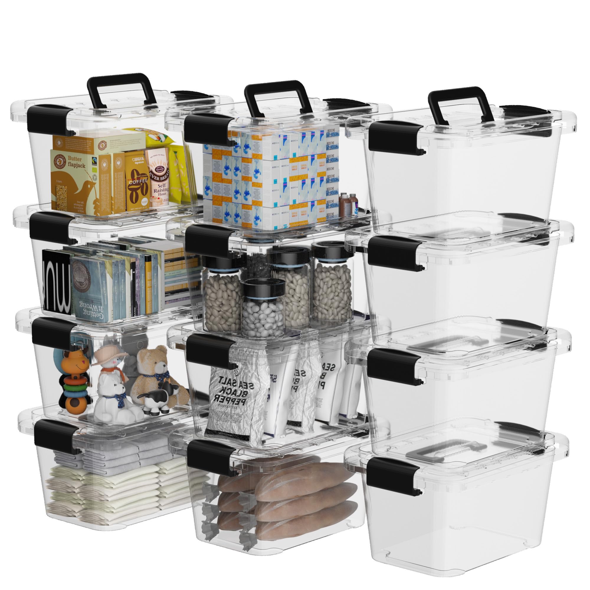 10L Clear Plastic Storage Bins with Lids - 12 Pack Stackable Organizer Boxes with Handles for Home, Office & Garage - Perfect for Organizing Cosmetics, Clothes, Tools, Cards & More - Durable PP Material, Portable & Space-Saving Design