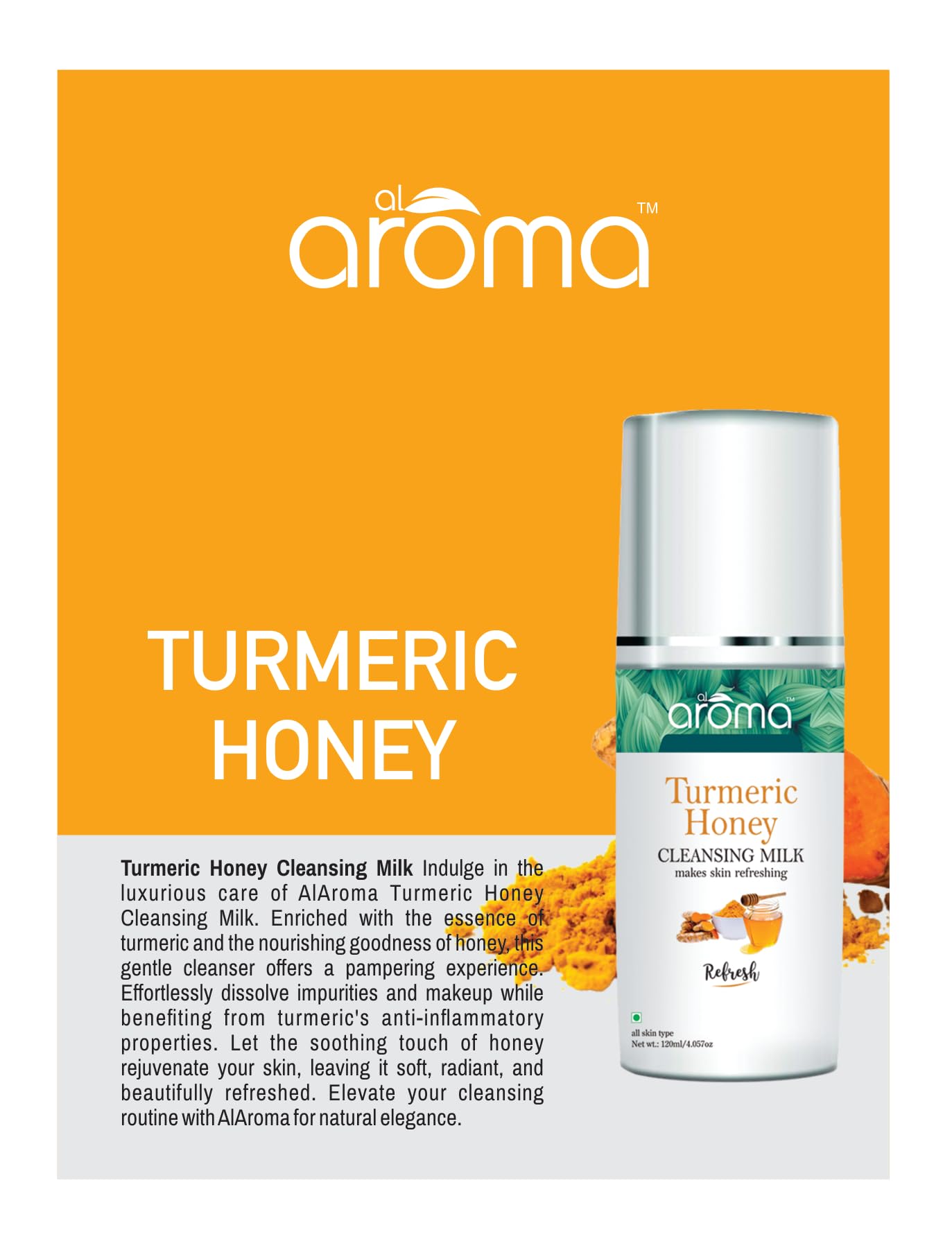 Alaroma Leafs Turmeric Honey Cleansing Milk with Vitamin E & Olive Oil - Gentle Face Wash for All Skin Types, 120ml - Hydrating & Refreshing Daily Skincare for Women & Men