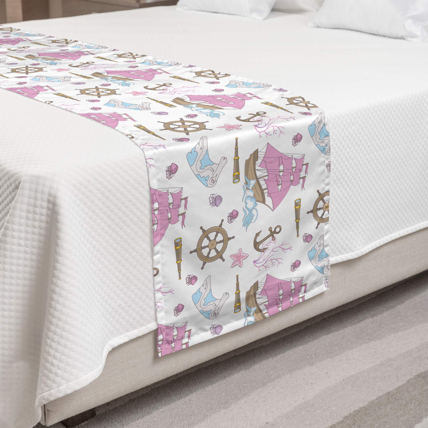 Ambesonne Nautical Bed Runner - Ocean Anchor Island Cruise Jellyfish Steering Wheel Waves Design, Decorative Bed Scarf for King Size Beds, Cocoa Dried Rose White - Perfect for Coastal Themed Bedrooms, Beach Houses, and Vacation Rental Decor