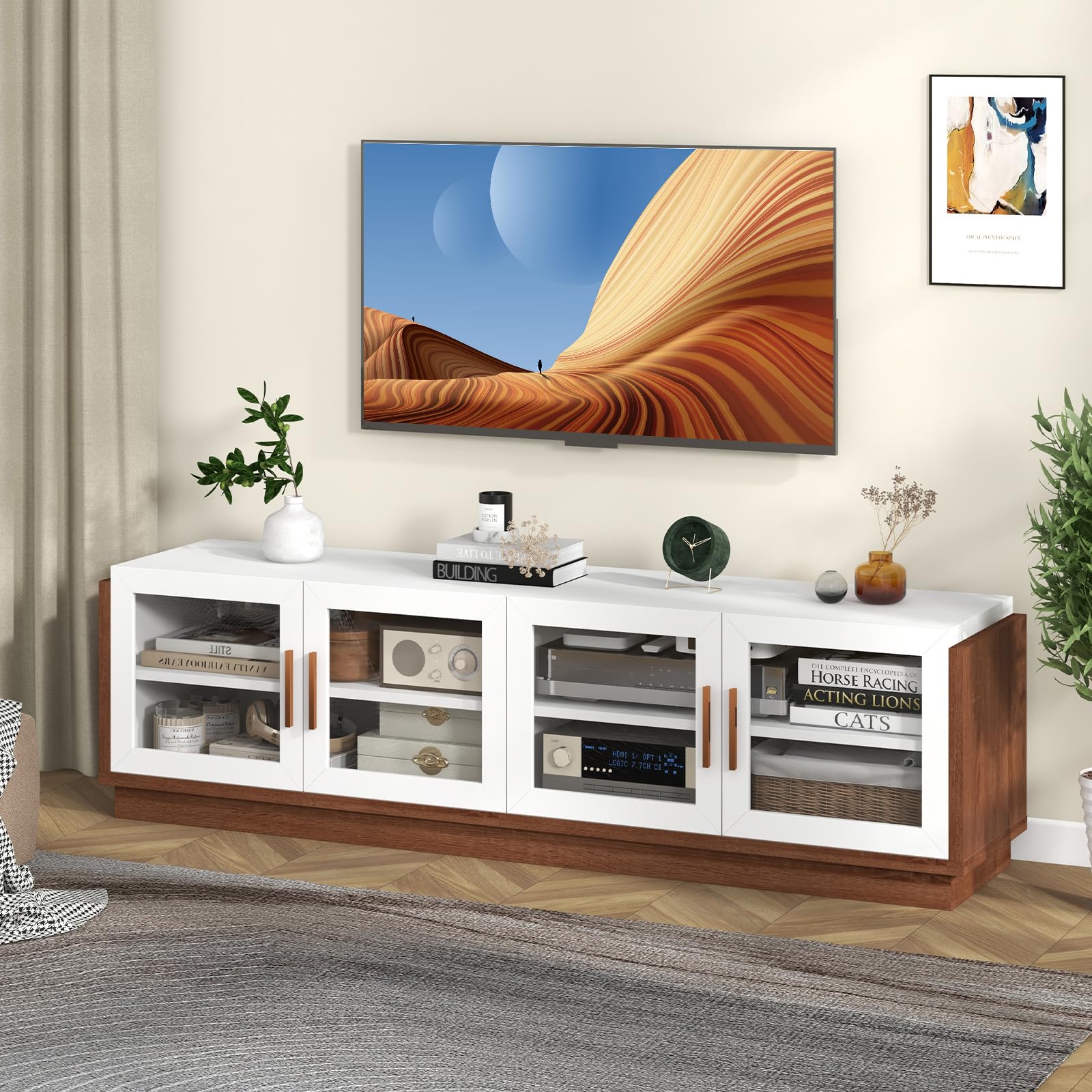 Giantex 75 Inch TV Stand with 4 Tempered Glass Doors & 2 Adjustable Shelves - Large Entertainment Center with 4 Cable Holes, Media Console (70