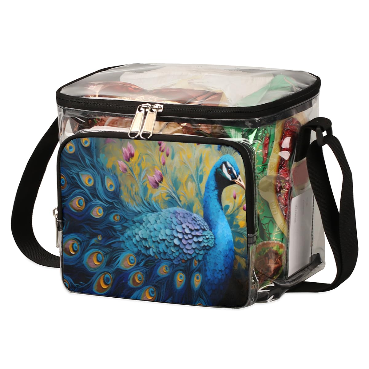 Colorful Peacock Print Clear Tote Bag with Handles - Transparent Crossbody Shoulder Bag for Lunch, Beach, Travel & Outdoor Activities | Stadium Approved for Concerts & Sports Events | Fashionable Animal Design for Women & Girls