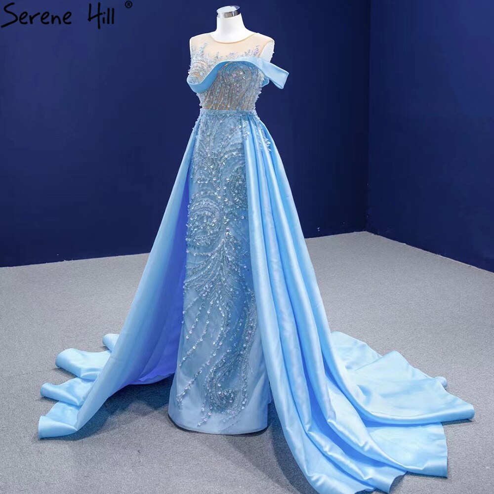 Elegant Blue Mermaid Evening Gown with Beaded Detail - Luxury Satin Formal Dress for Women - Perfect for Prom, Wedding, and Black Tie Events - Serene Hill HM67366
