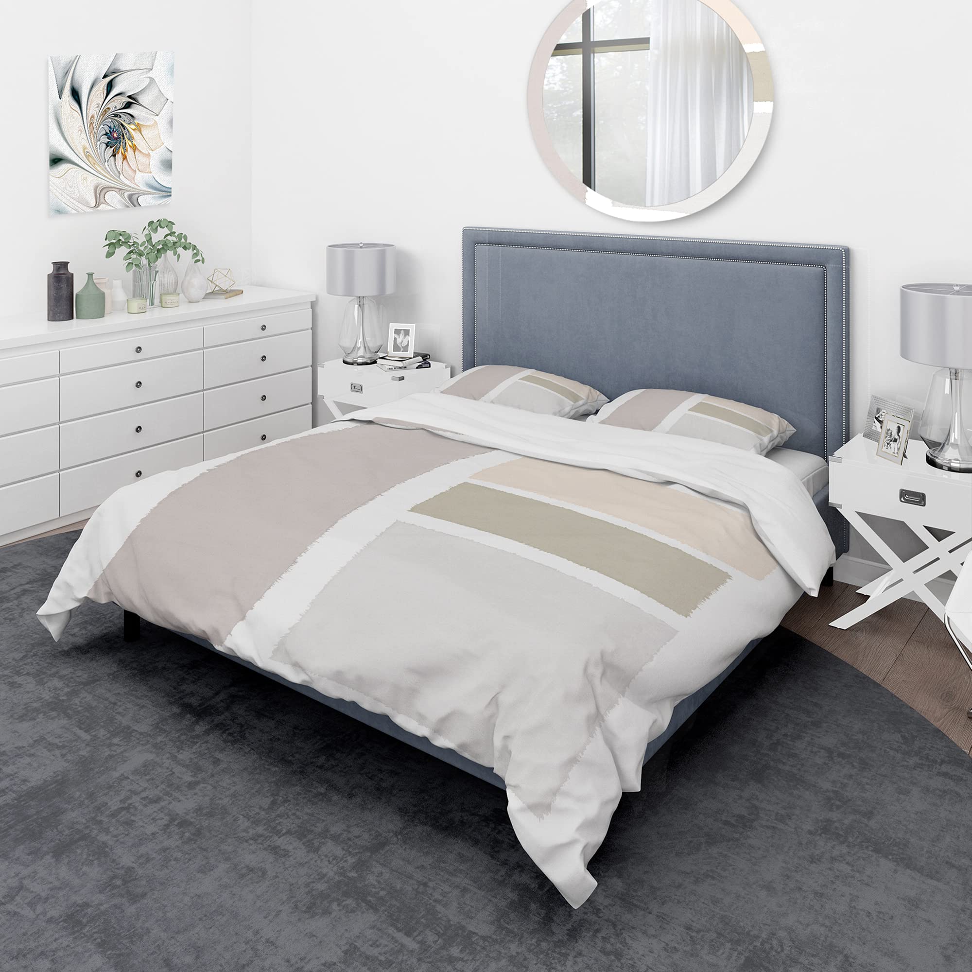 Beige Geometric Duvet Cover Set Queen Size - 3 Piece Modern Contemporary Bedding, Neutral White Simple Design for All Seasons | Perfect for Minimalist & Scandinavian Style Bedrooms