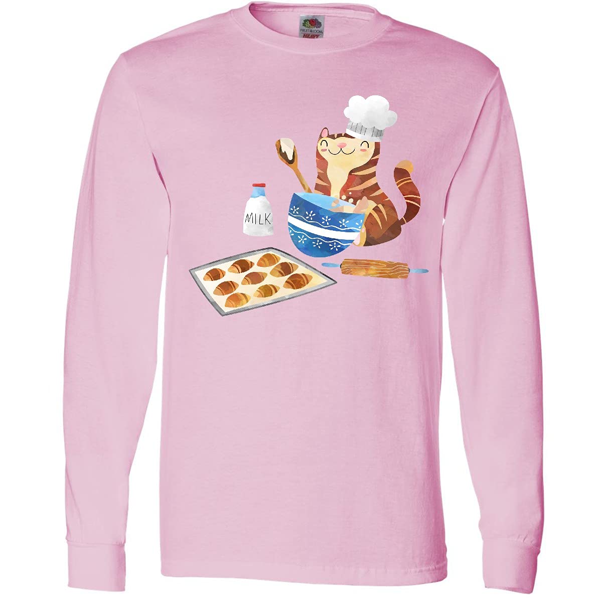 Baker Kitty in Hat with Cookies Long Sleeve T-Shirt | Cute Cat Baking Graphic Tee | Funny Kitchen Apparel for Women & Men | Perfect for Baking Enthusiasts & Cat Lovers