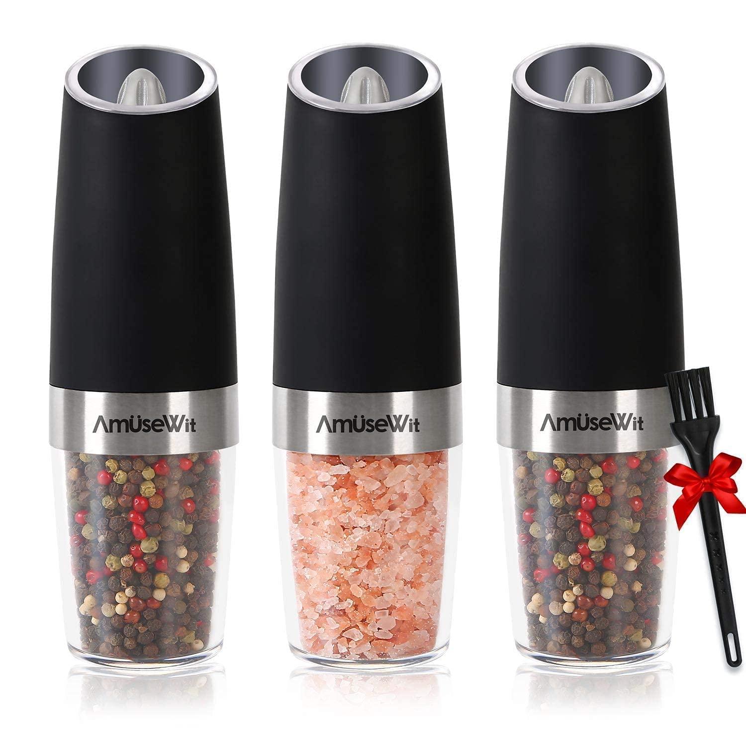 AmuseWit 3-Piece Electric Gravity Salt and Pepper Grinder Set - Battery Operated Automatic Mill with Adjustable Coarseness, One-Hand Operation & LED Light - Perfect for Kitchen, Dining Table & Outdoor Cooking (Black)