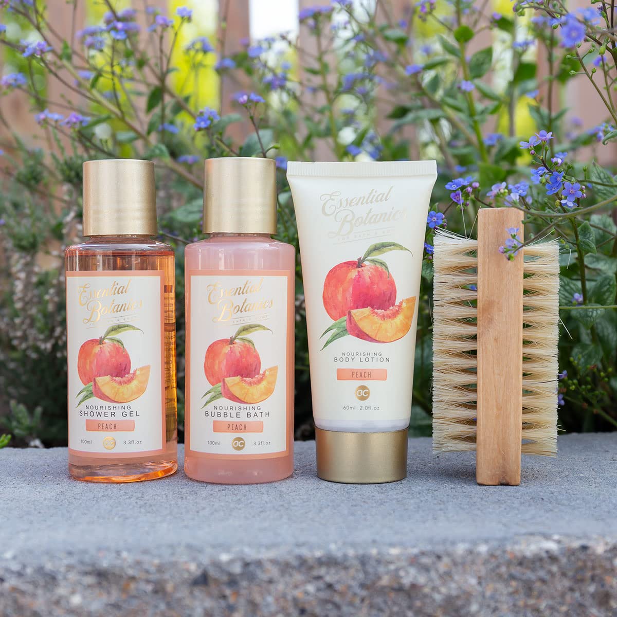Accentra Essential Botanics Bath & Body Gift Set - Peach Scented Shower Gel, Bubble Bath, Body Lotion & Nail Brush in Elegant Gift Box | Spa Day at Home, Relaxing Self-Care, Birthday & Holiday Present