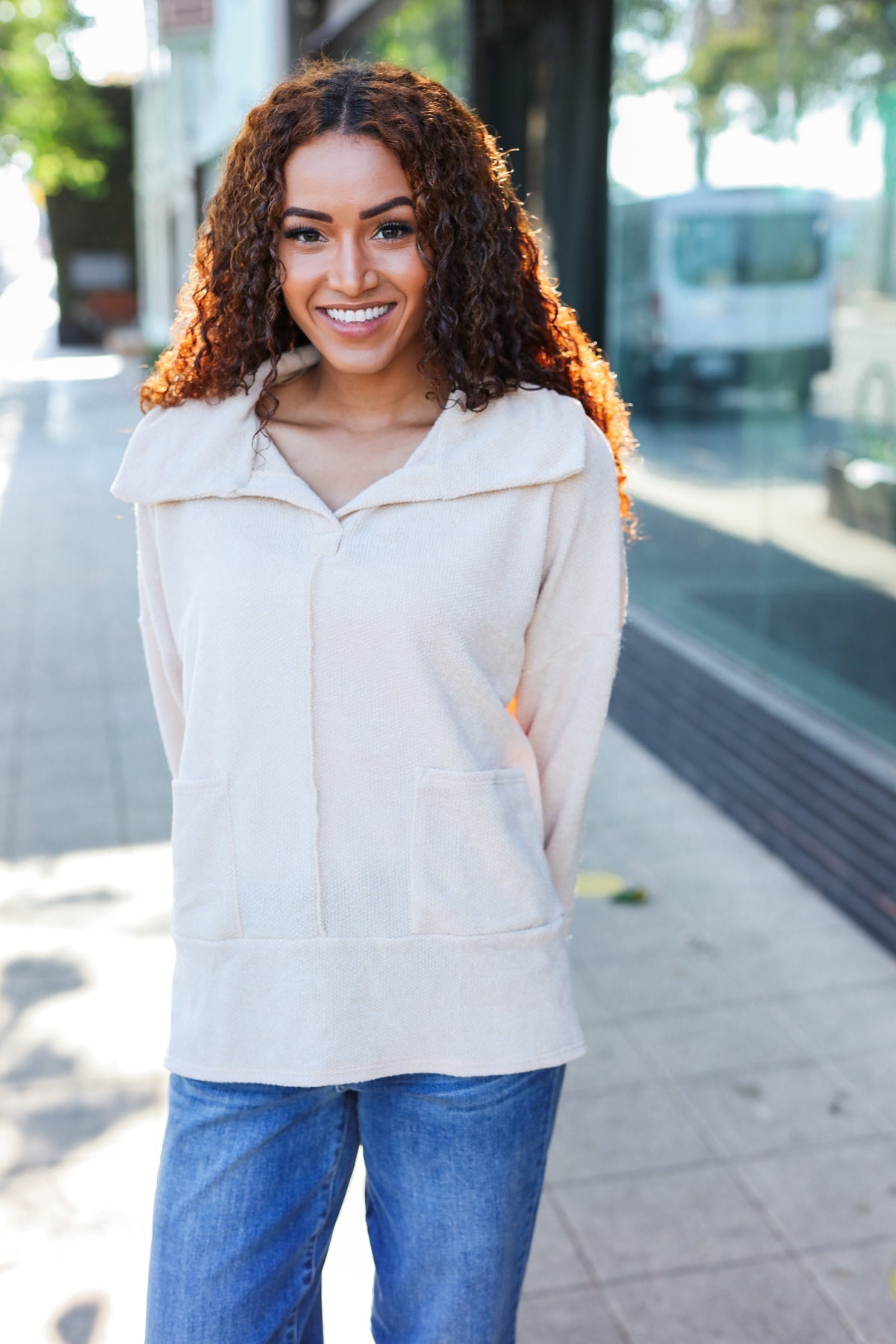 Easy Living Oatmeal Textured Knit Notch Neck Oversized Collar Sweater - Cozy Oversized Women's Knitwear for Fall & Winter | Perfect for Casual Outfits, Coffee Dates and Weekend Relaxation