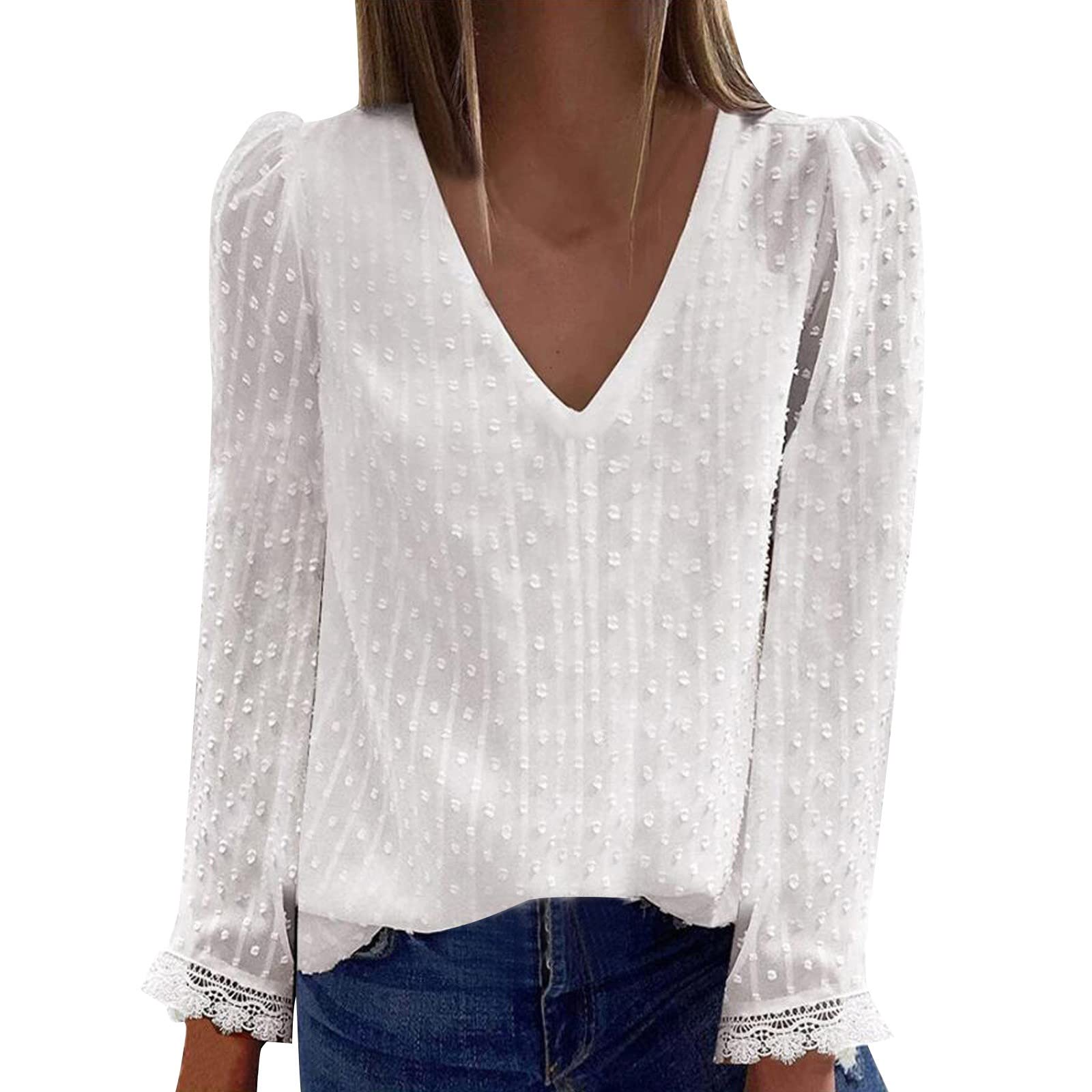 UODSVP Women's Linen Shirts - Breathable Solid Color Loose Fit V-Neck Lace Long Sleeve Blouse for Summer Casual & Office Wear