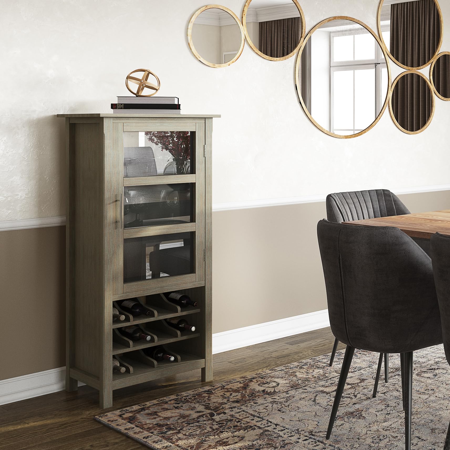 SIMPLIHOME Avalon 12-Bottle Solid Wood Wine Rack Cabinet - 23 Inch Wide Contemporary Storage for Wine Bottles in Distressed Grey Finish | Perfect for Living Room, Dining Room, Kitchen & Home Bar Decor