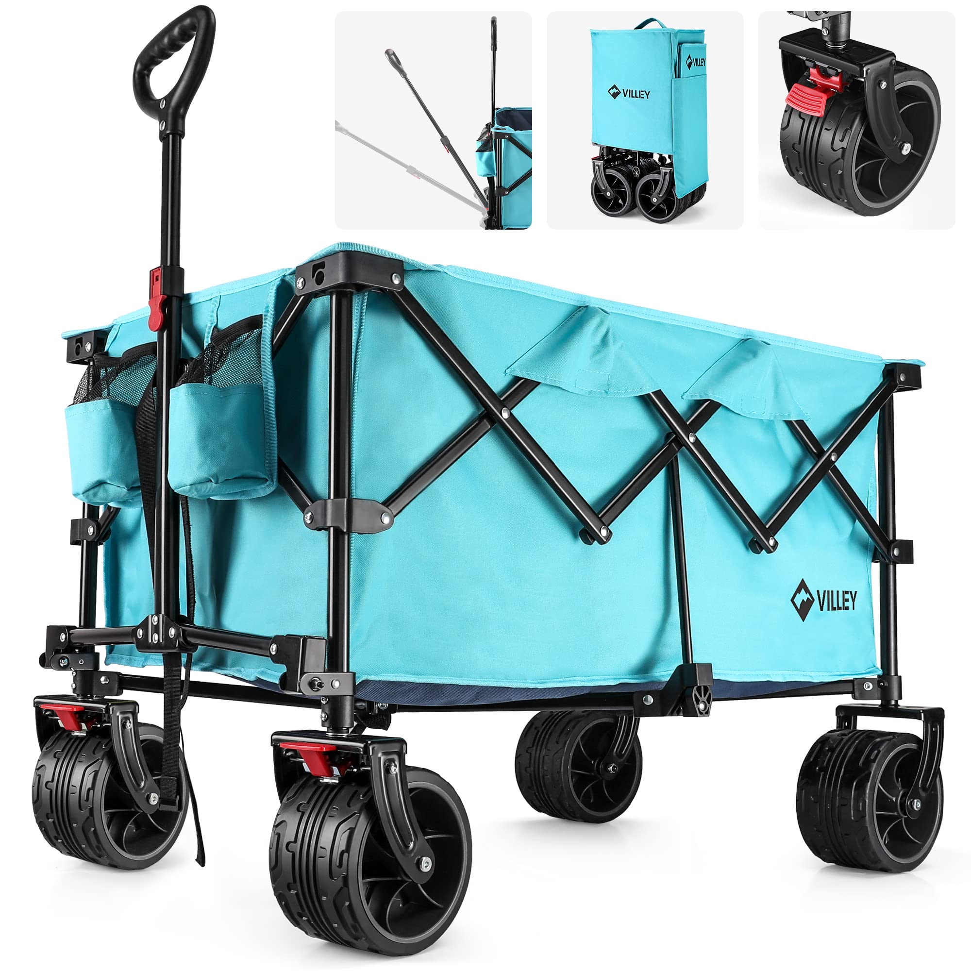 VILLEY Heavy Duty Collapsible Folding Wagon Cart with Big All-Terrain Wheels - 225lbs Capacity Utility Garden Cart with 2 Cup Holders & Brake - Perfect for Beach, Camping, Grocery Shopping & Outdoor Activities (Blue)