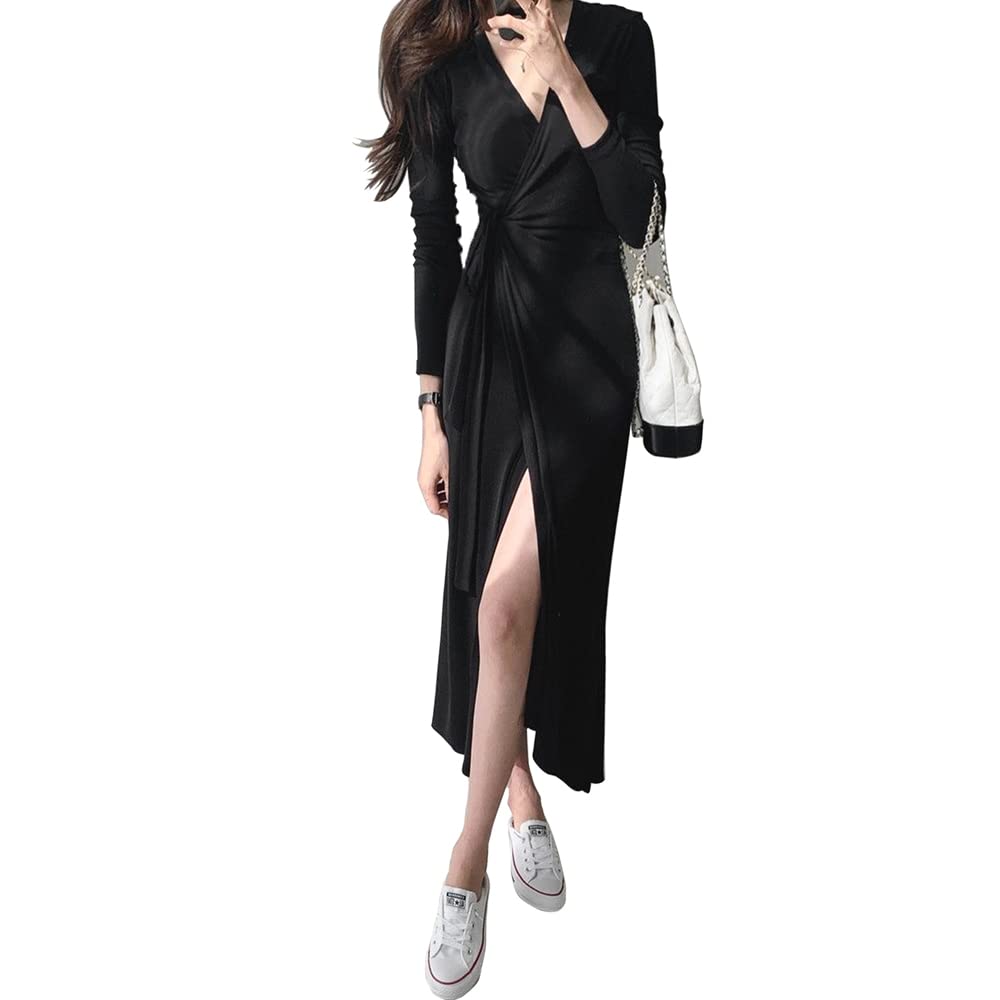 Maxi V-Neck T-Shirt Dress for Women - Summer Casual Work & Beach Boho Style | Black Bodycon Sun Tie Waist Wrap Long Sleeve Dress | Perfect for Office, Vacation & Date Nights