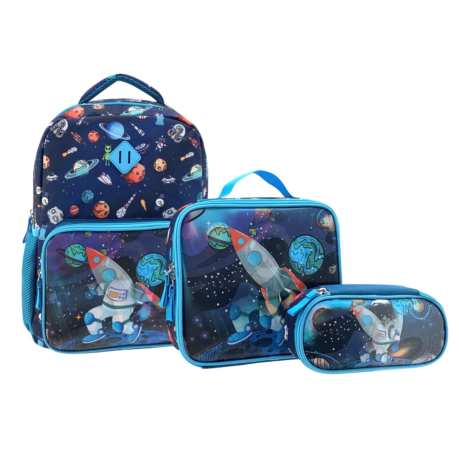 **HAPPYSUNNY 16 Inch Kids Backpack for Boys - Lenticular Spaceman & Rocket Design, School Backpack Set with Lunch Box & Pencil Case - Perfect for Preschool, Kindergarten & Elementary Students - Great for School, Travel & Outdoor Adventures**