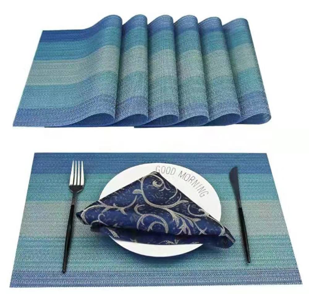 WANGCHAO Set of 8 Woven Vinyl Placemats - Washable, Durable & Heat-Resistant Non-Slip Kitchen Table Mats for Dining Room (Sky Blue) | Perfect for Everyday Meals, Dinner Parties & Home Decor