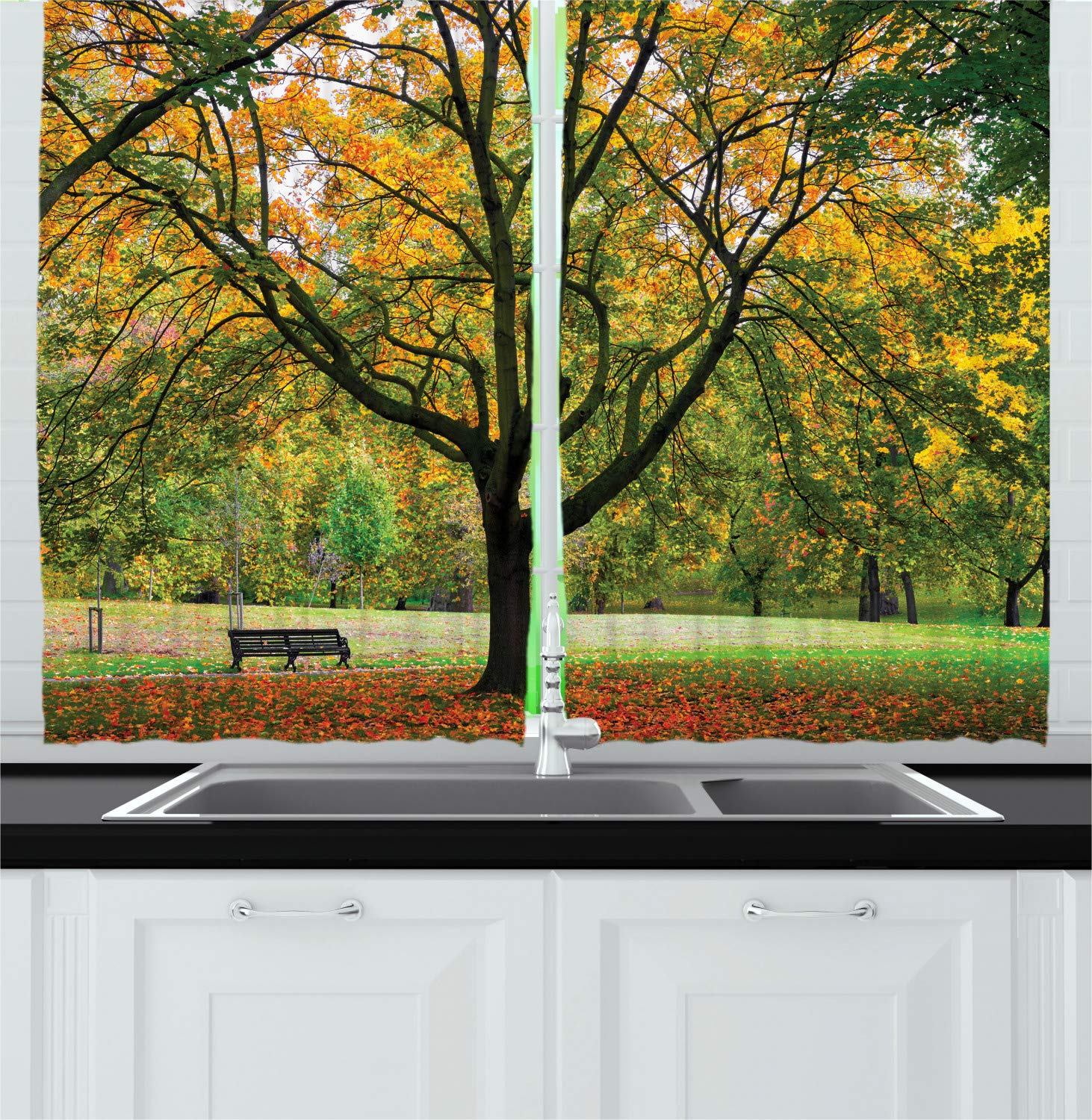 Ambesonne Autumn Tree Kitchen Curtains - 2 Panel Set with Rod Pocket, 55
