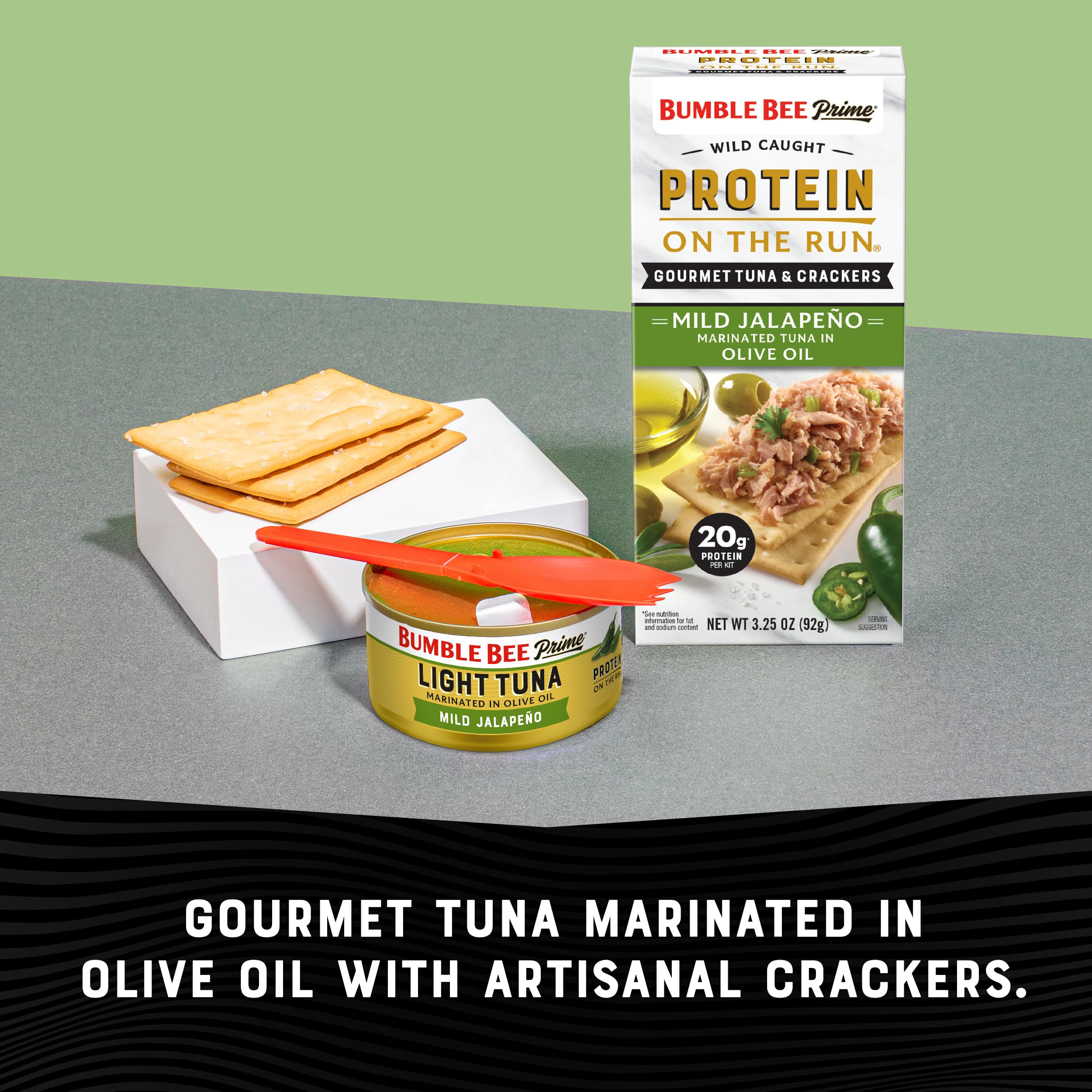 Bumble Bee Prime Protein Tuna Snack Kit - Pack of 12, Gourmet Tuna in Olive Oil & Mild Jalapeno with Crackers & Utensil - 20g Protein per Serving - Perfect for On-the-Go Lunches, Office Snacks & Outdoor Adventures