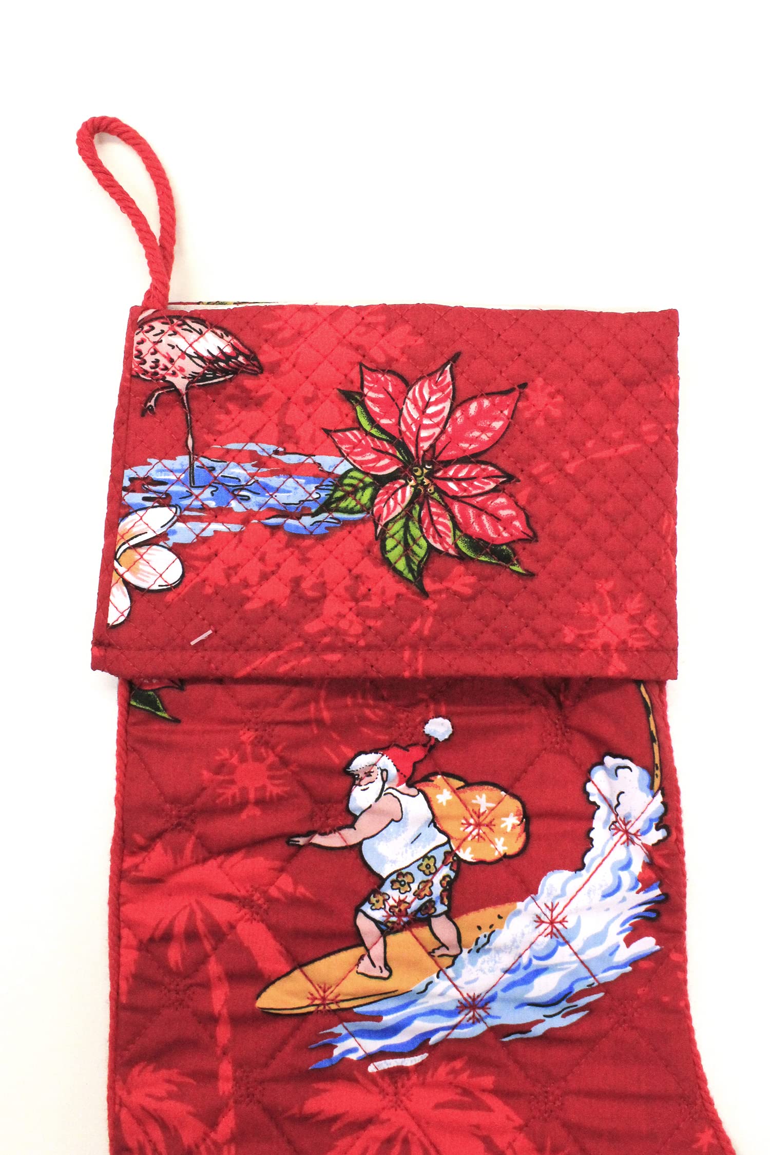 Santa in Hawaii Red Snowflake Quilted Cotton Christmas Stockings - Festive Holiday Decor for Fireplace, Gifts & Home Decor