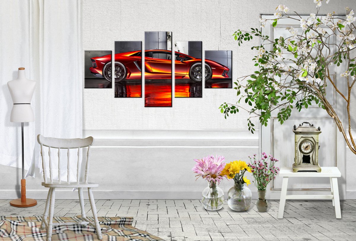 Orange Lamborghini Supercar Canvas Wall Art - 5 Piece 60x32