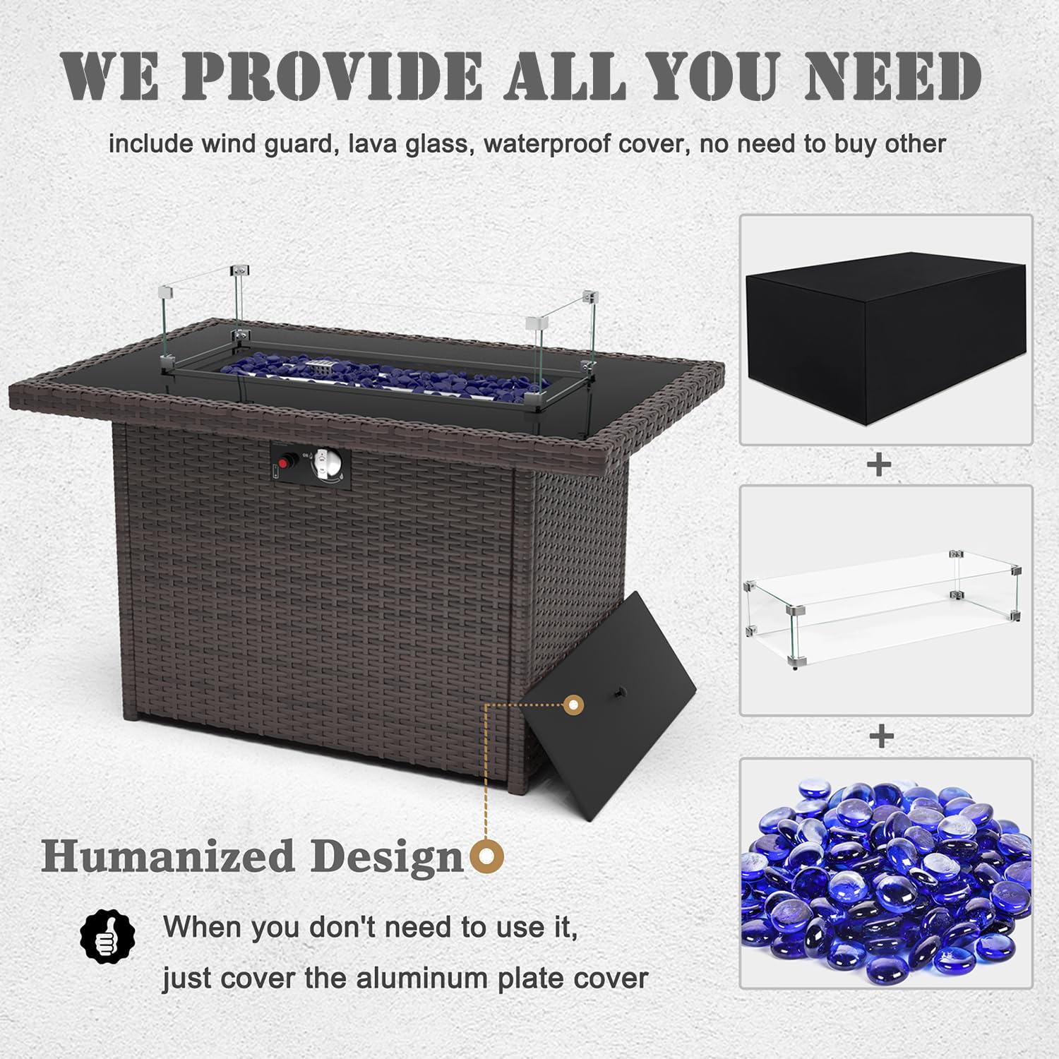 44 Inch 55000 BTU Outdoor Propane Fire Pit Table with Glass Wind Guard - Rectangular Patio Heater for Deck, Backyard, Garden (Brown Glass Top) | Perfect for Outdoor Entertaining, Camping & Cozy Nights