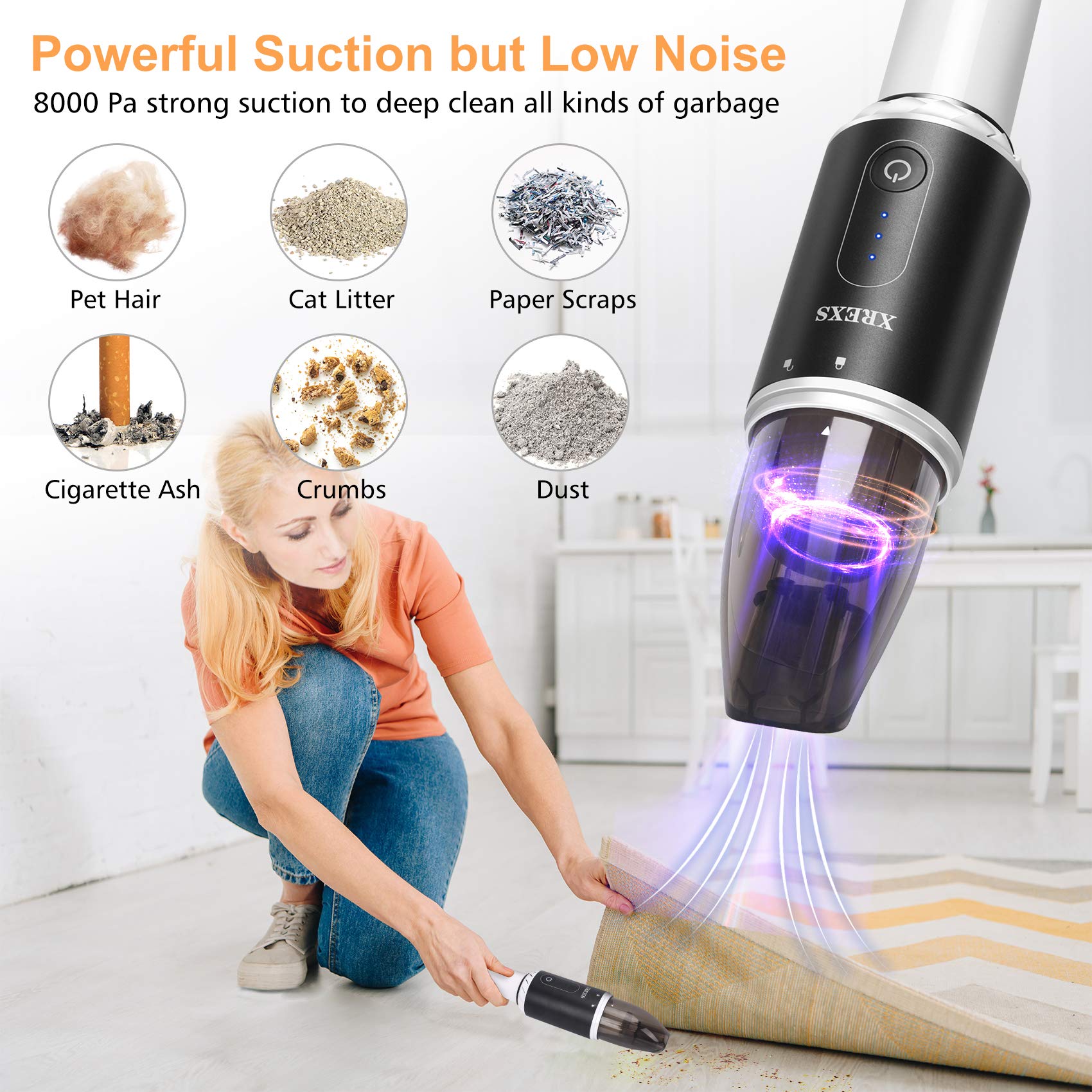 XREXS Cordless Handheld Vacuum Cleaner - 8000Pa Strong Suction, Rechargeable & Portable for Car, Home, Office, Pet Hair Cleaning | Lightweight, Quick Charge | Perfect for Cars, Sofas, Stairs & Pet Areas