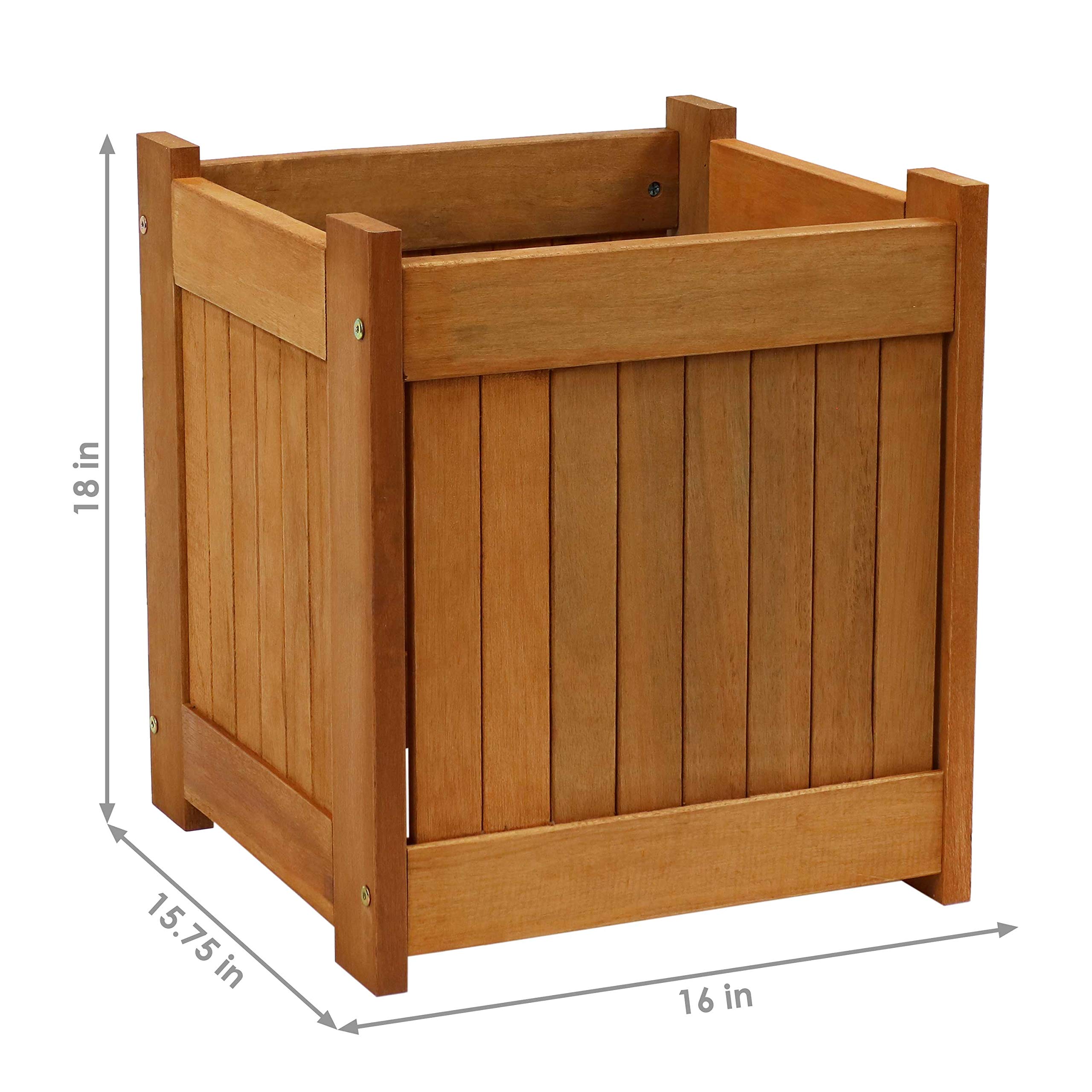Sunnydaze 16-Inch Square Meranti Wood Planter Box with Teak Oil Finish - Set of 2 for Indoor/Outdoor Garden, Patio, and Balcony Decor