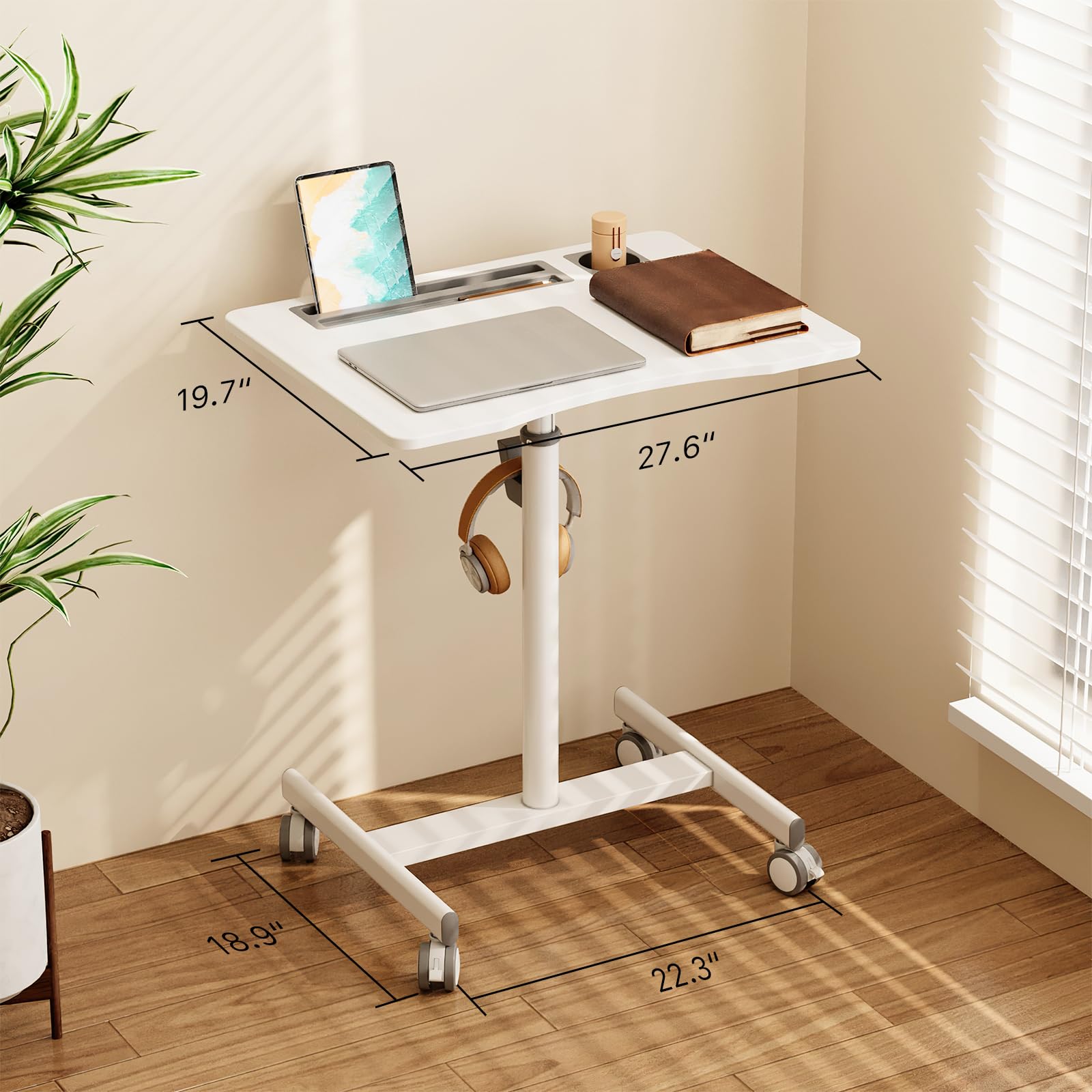 28 Inch Mobile Standing Desk with Wheels & Cup Holder - Adjustable Rolling Laptop Workstation for Home Office, Portable Computer Cart with Storage Hook (White) - Perfect for Remote Work, Study & Small Space Living