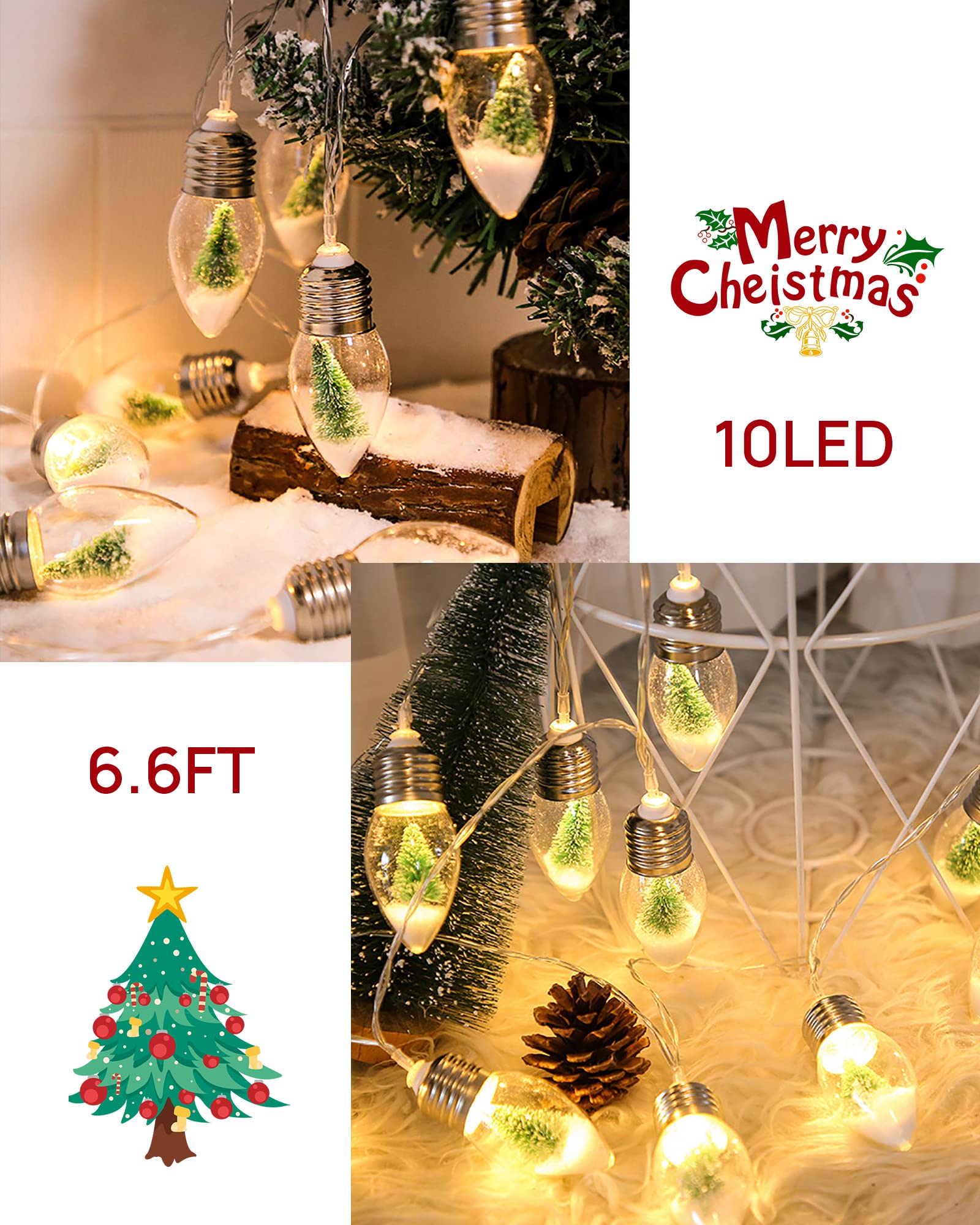 6.6 FT Christmas Lights - Indoor & Outdoor Battery Operated String Lights with 10 Bulbs, Snow & Tree Design for Bedroom, Patio, Fireplace Decor | Perfect for Holiday, Xmas, Wedding & Party Decorations