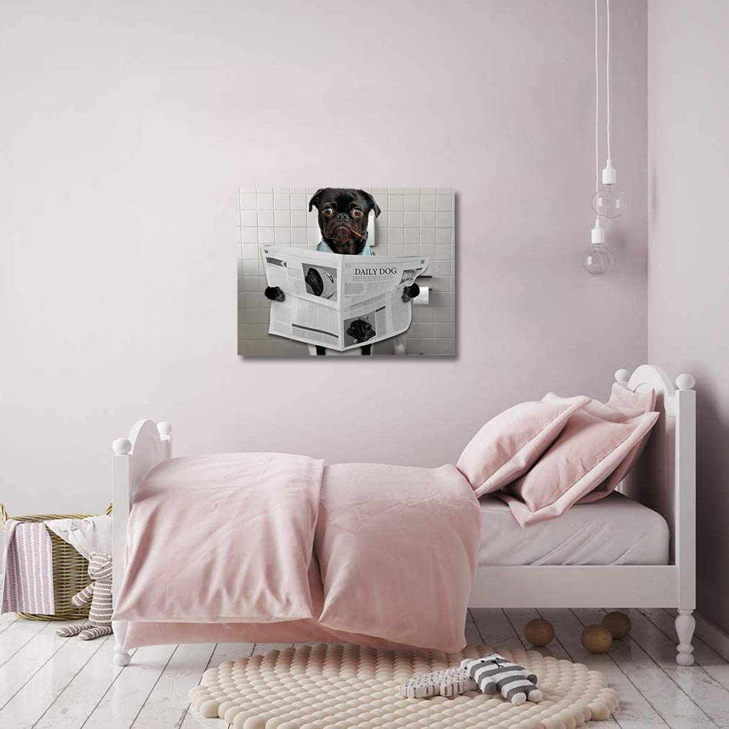 Funny Pug Dog Reading Newspaper Smoking Cigar Canvas Wall Art - Modern Bathroom Decor Oil Painting Print 12x16 Inch - Perfect for Nursery, Office, Living Room & Bedroom Decor | Humorous Toilet-Themed Gift Idea