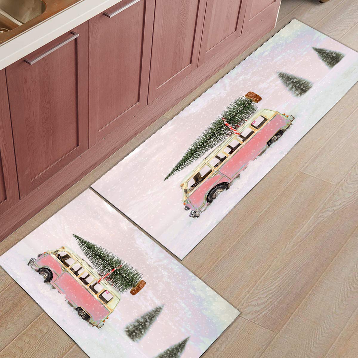 LooPoP Pink Christmas Kitchen Mats - 2-Piece Non-Slip Anti-Fatigue Floor Cushion Set, Washable Holiday Runner Rugs with Snow & Pine Tree Design - Perfect for Festive Kitchen Decor, Dining Areas & Holiday Home Accents