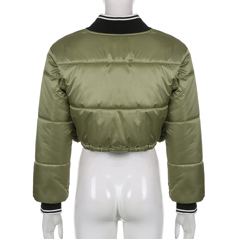 Women's Green Puffer Crop Jacket - Short Bubble Coat for Winter Fashion - Warm Stylish Outerwear for Casual Outings & Streetwear (Color: S)