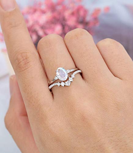 Vintage Rose Gold Oval Cut Moonstone Engagement Ring Set for Women - Curved Diamond Wedding Bridal Set, Sterling Silver Moissanite Ring - Perfect for Anniversaries, Christmas Gifts & Romantic Proposals