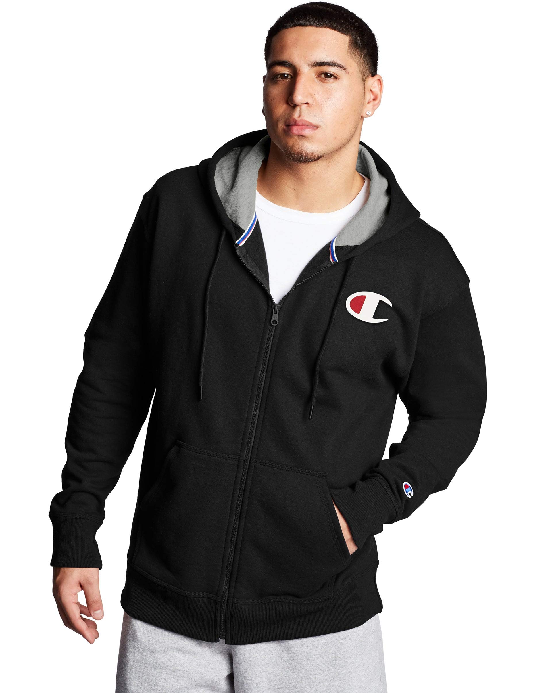 Champion Men's Powerblend Full Zip Hoodie - Lightweight Fleece Jacket with Hood for Gym, Running & Casual Wear - Breathable Athletic Sweatshirt for Men (Black, Large)