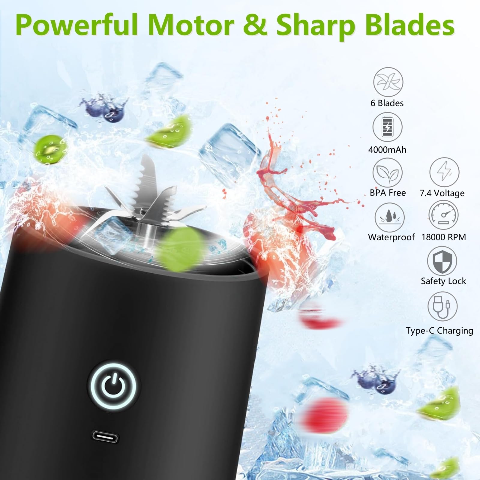 Portable Blender 20oz - USB Rechargeable Personal Blender for Smoothies, Shakes & Baby Food | Powerful & Safe Travel Blender for Kitchen, Gym, Office & Outdoor Use (Black)