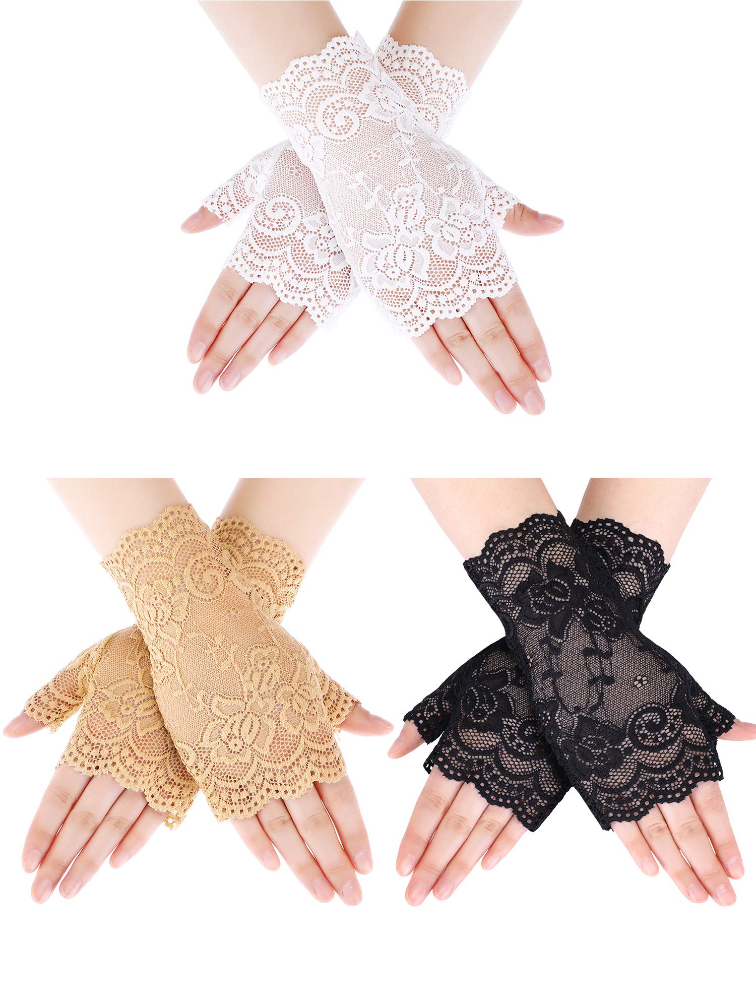 3 Pairs Women's Short Lace Gloves - Fingerless Floral Gloves for Bridal, Wedding, Vintage Costume & Evening Elegance | Perfect for Tea Parties, Photo Shoots & Formal Events