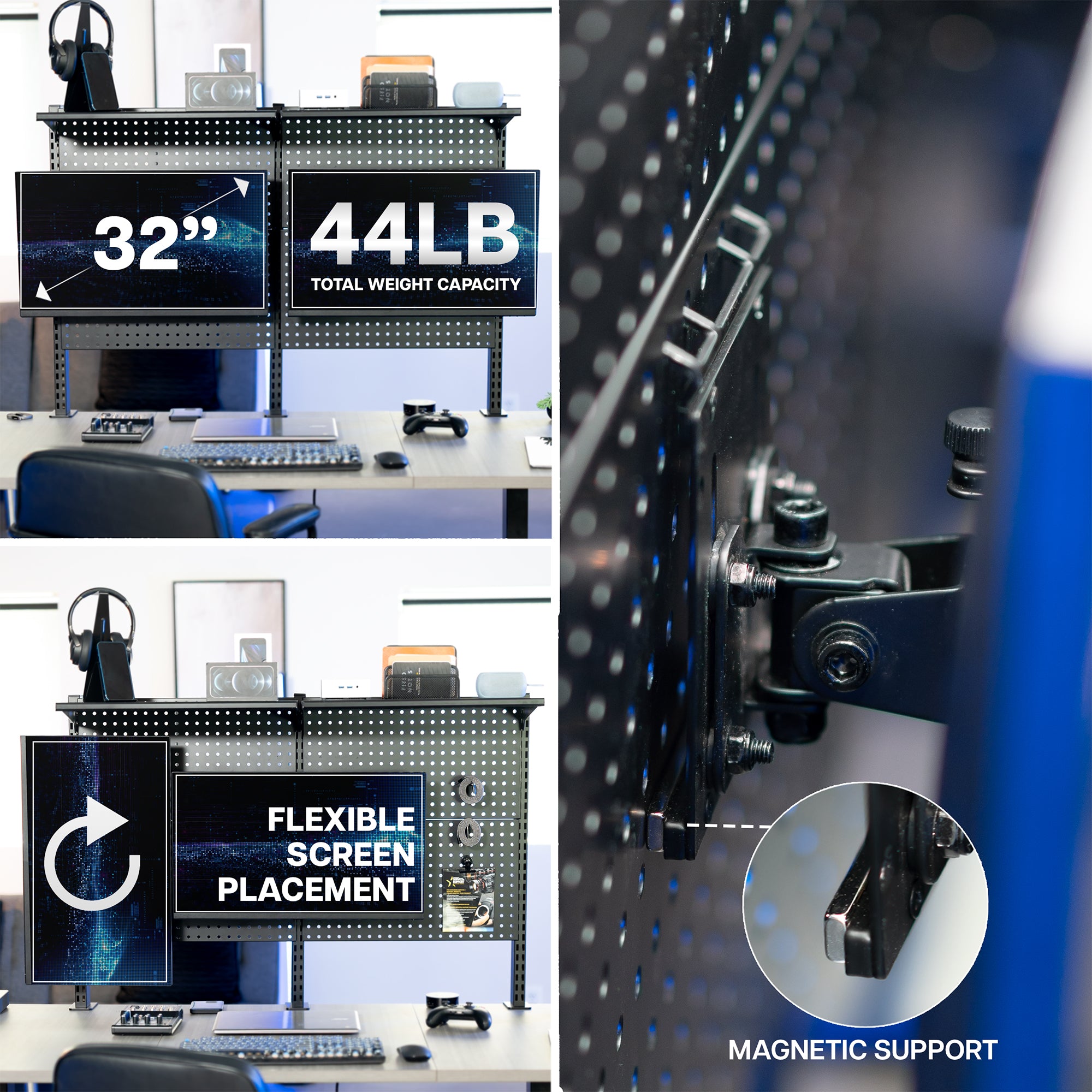 Clamp-On Pegboard with Monitor Mounts & Shelf - Holds Up to 32 Screens - Perfect for Home Office, Gaming Setup & Workshop Organization