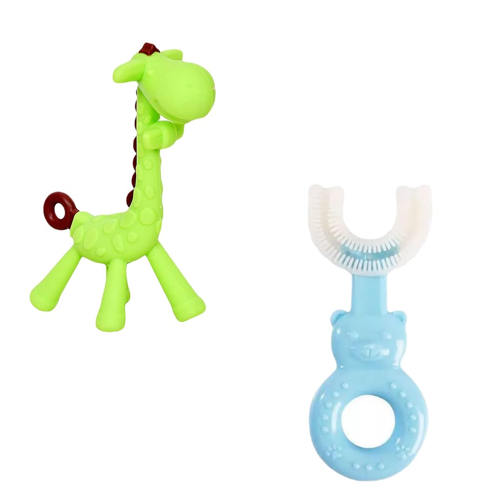 Kritiu Giraffe Shape Teether and U Shape Toothbrush Set - BPA-Free Silicone Baby Teething Toy & Toothbrush for Infants 0-12 Months - Safe, Soft & Practical Oral Care Solution (Green & Blue) - Perfect for Soothing Sore Gums During Teething and Gentle Teeth Cleaning