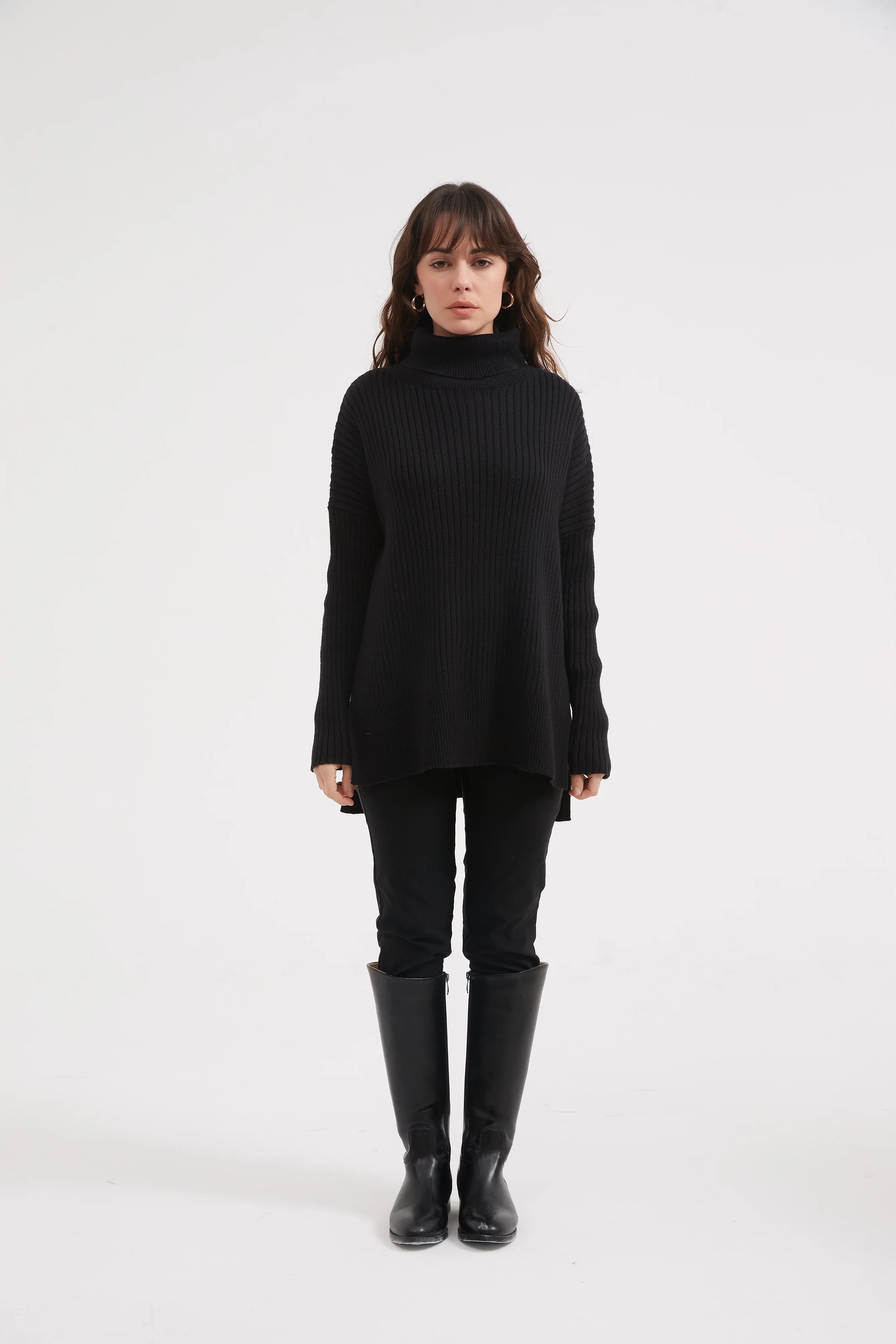 BOXY ROLL NECK KNIT SWEATER - BLACK WOMEN'S FASHION TOP for Casual Wear & Winter Outfits