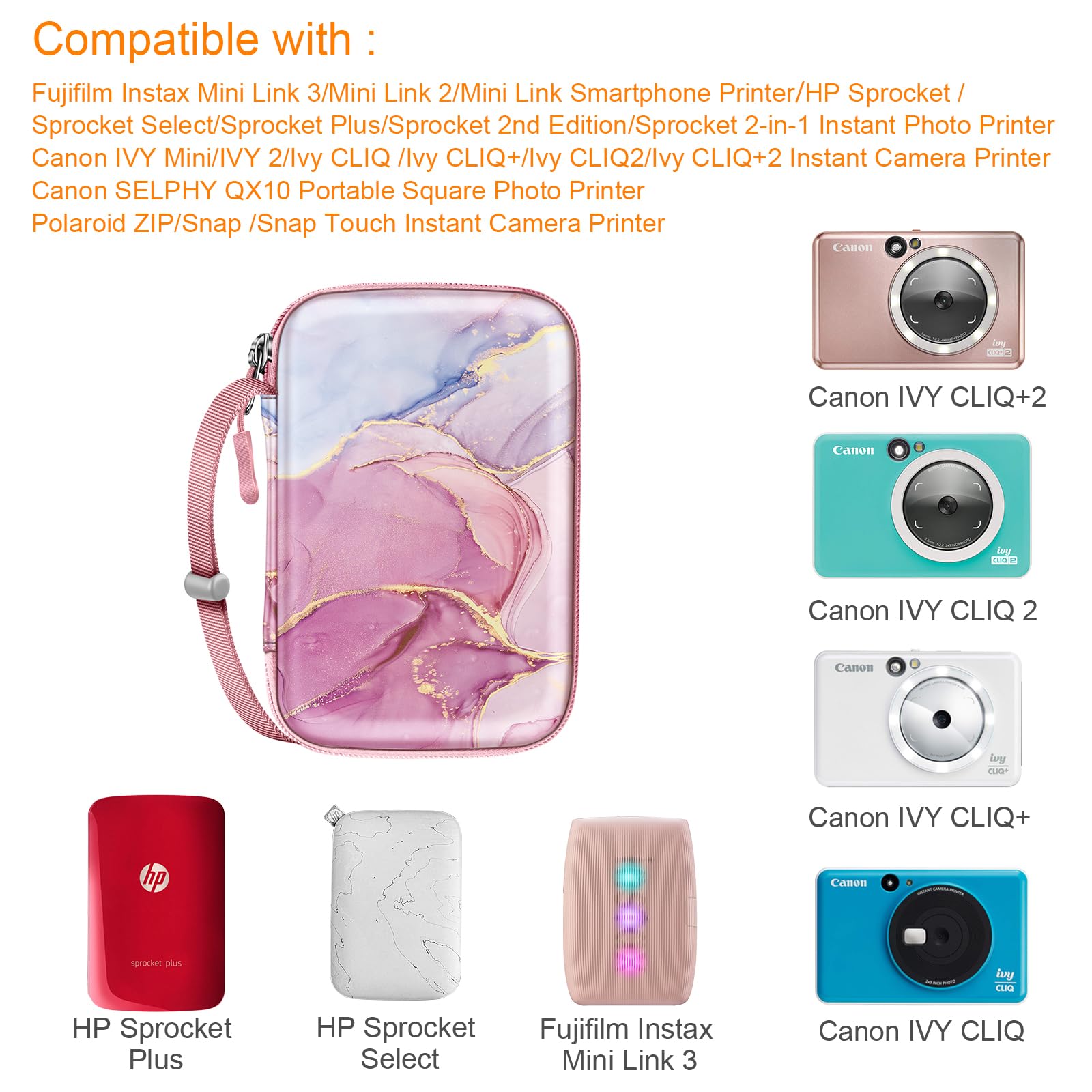 Fintie Shockproof Hard Shell Carrying Case for Fujifilm Instax Mini Link 3/2, HP Sprocket Select/Plus, Canon Ivy CLIQ 2/CLIQ+2 Instant Photo Printers - Dreamy Marble Design | Perfect for Travel, Home Storage & Photo Printing Parties