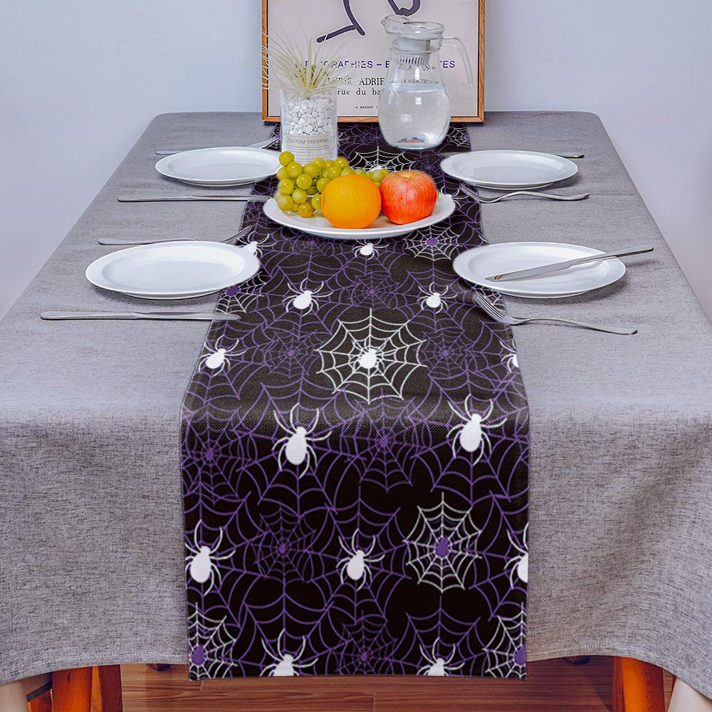 Halloween Purple Light Spider Web Table Runner - 13x48 Inches Long, Washable Non-Slip Rectangle Dining Table Decor for Farmhouse, Party & Holiday Dinner | Perfect for Halloween Decorations, Thanksgiving Table Setting & Christmas Dining Decor