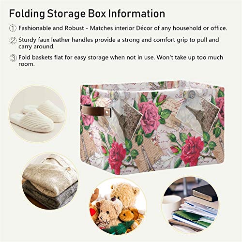 Paris Eiffel Tower Rose Flower Foldable Storage Basket - Large Collapsible Organizer Bin with Handles for Toys, Bathroom, Nursery & Closet Organization (1 Pack) | Perfect for Home Decor, Kids Room Storage & Travel Organizer