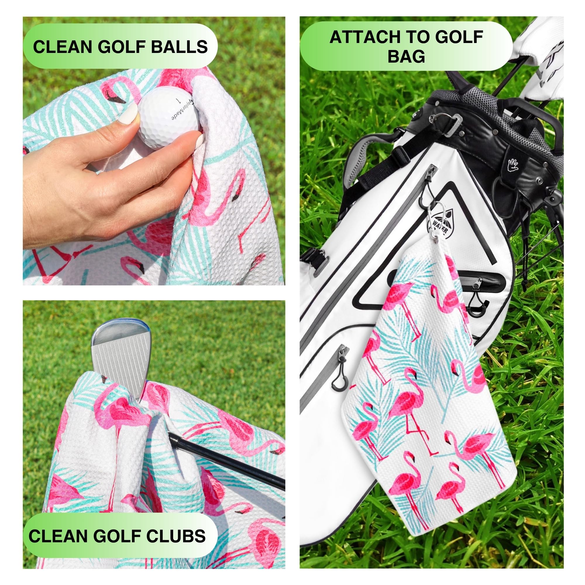 Premium Golf Towel Set of 2 - Microfiber Waffle & Ball Towels for Golf Bags - Best Golf Accessories for Men & Women - Ideal Golf Gifts - Flamingo Palm Tree Design - Perfect for Course Play, Practice & Club Storage