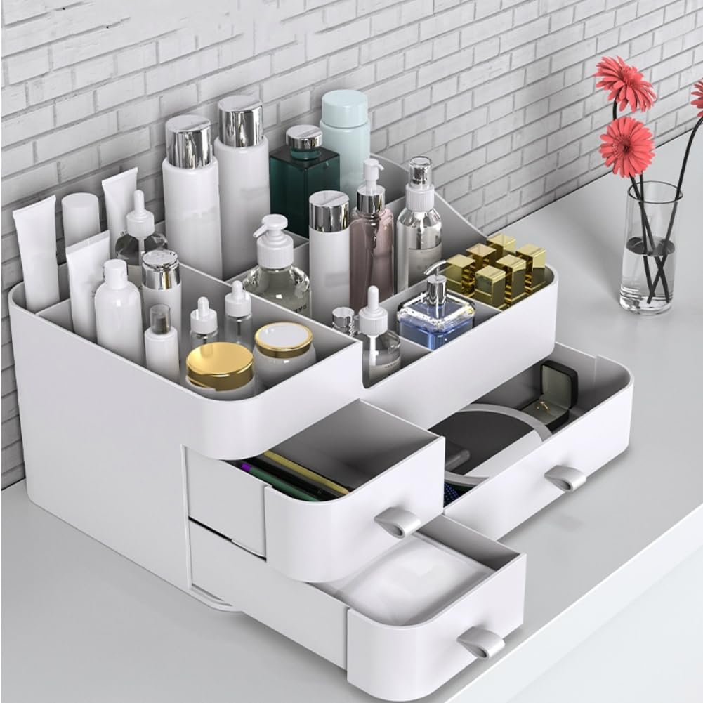 MIUOPUR Large Makeup Organizer with Drawers - Cosmetic Storage for Lipstick, Jewelry, Nail & Skincare Products - Vanity & Bathroom Countertop Organizer - White (Perfect for Bedroom, Dressing Table & Bathroom Organization)