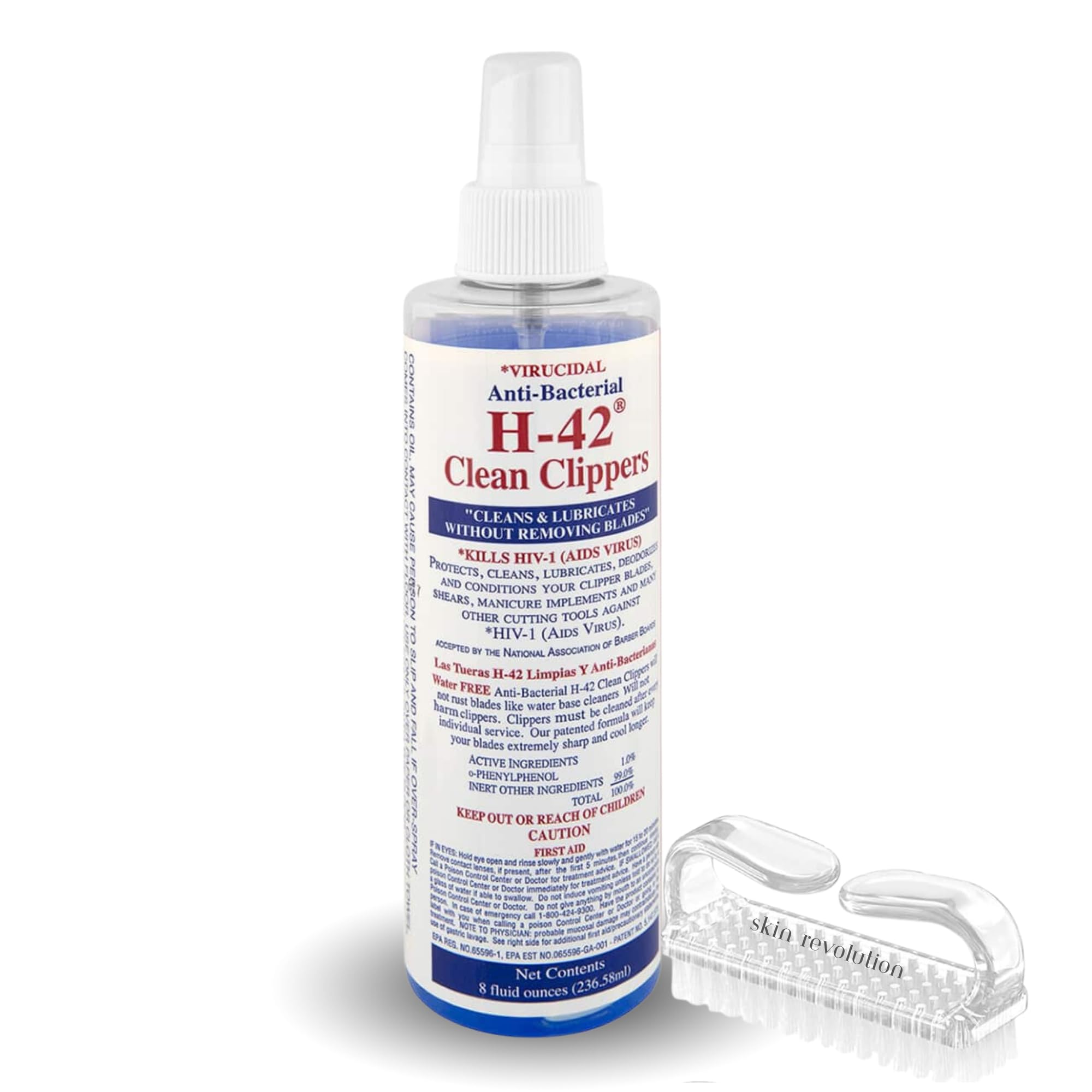 H-42 Professional Hair Clipper Blade Cleaner with Brush - 8oz Bottle for Barber Shops & Home Grooming - Disinfects & Lubricates Clipper Blades for Smooth Haircuts