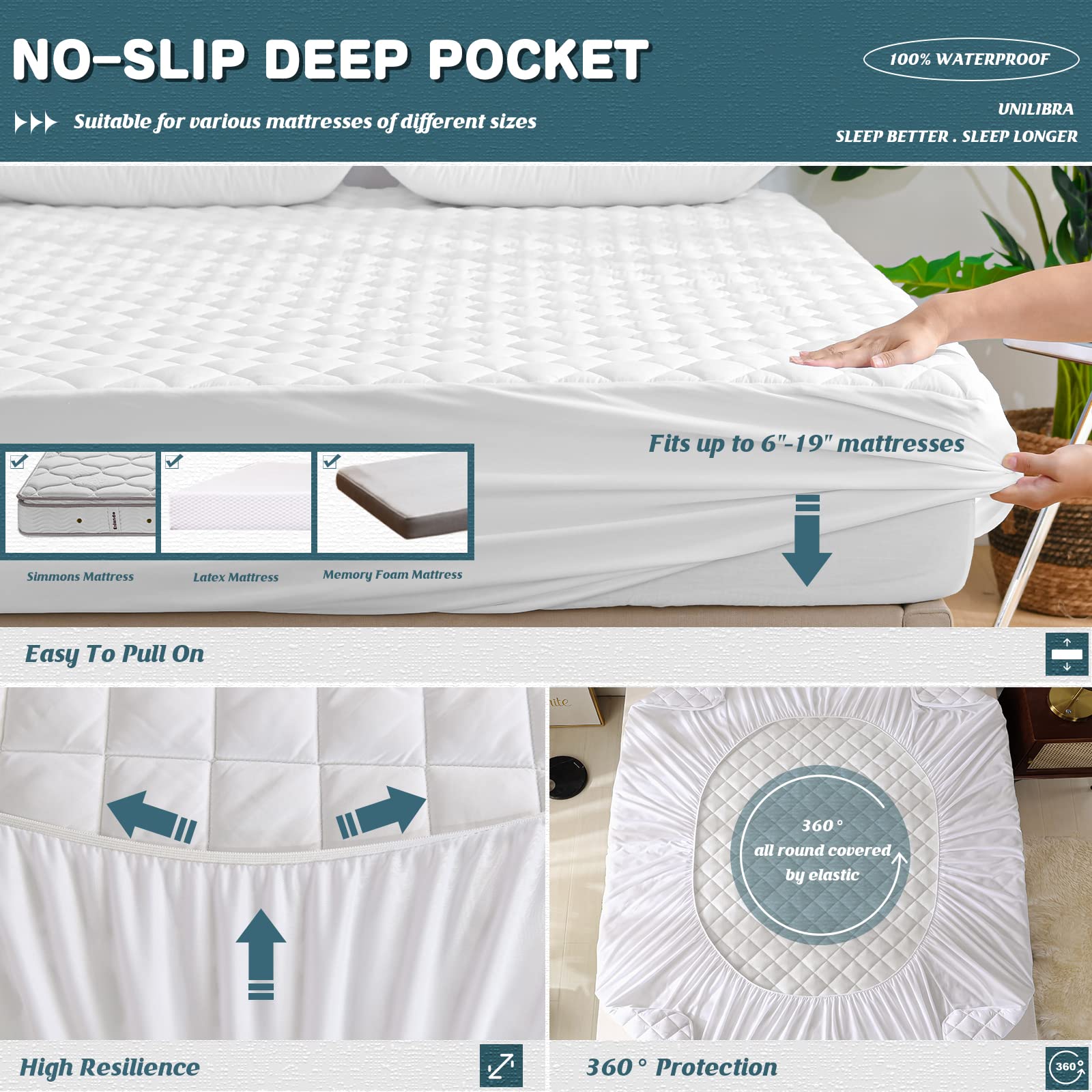 UNILIBRA Waterproof Full Mattress Cover - Deep Pocket Mattress Protector Fits 6''-19'', Breathable Quilted Cotton Pad for Full Size Bed - Perfect for Allergy Protection & Spill Prevention (Home, Dorm, Guest Room)