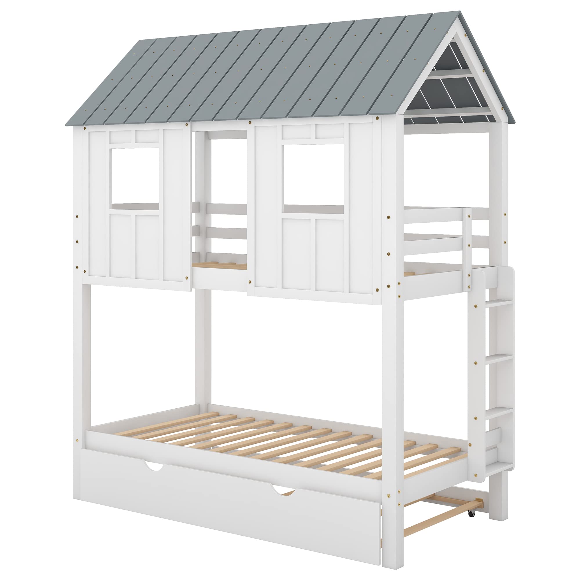 LZ LEISURE ZONE Twin Over Twin Bunk Bed with Trundle - Solid Wood House Style Bed Frame with Roof, Window, Safety Guardrail & Ladder - Perfect for Kids' Bedroom, Guest Room or Vacation Home (White)