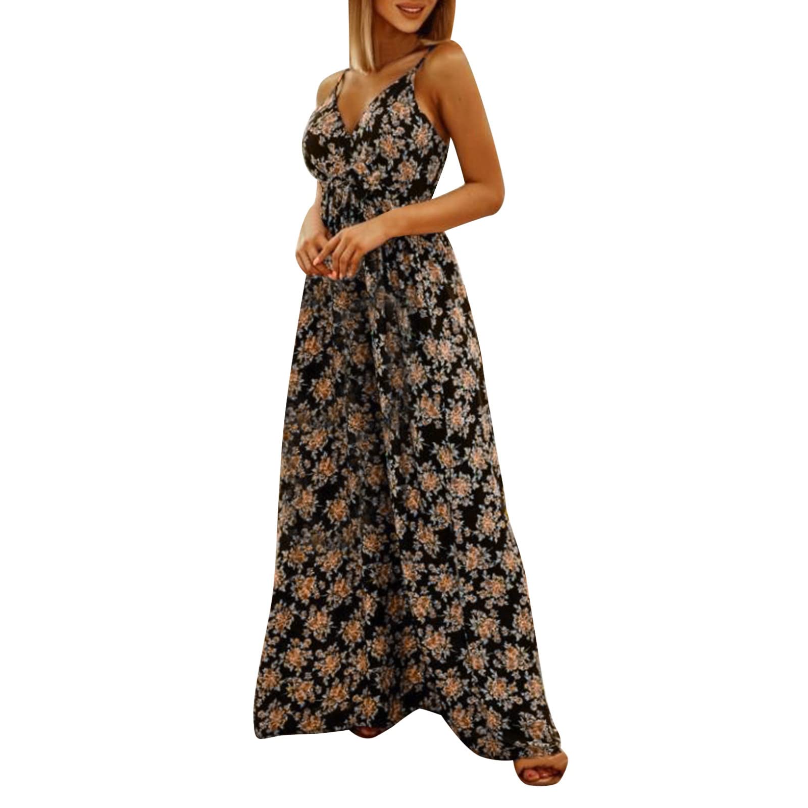 Women's Floral V-Neck Sleeveless Ruffle Maxi Dress - Lightweight Summer Casual Dress for Beach, Vacation & Outdoor Parties